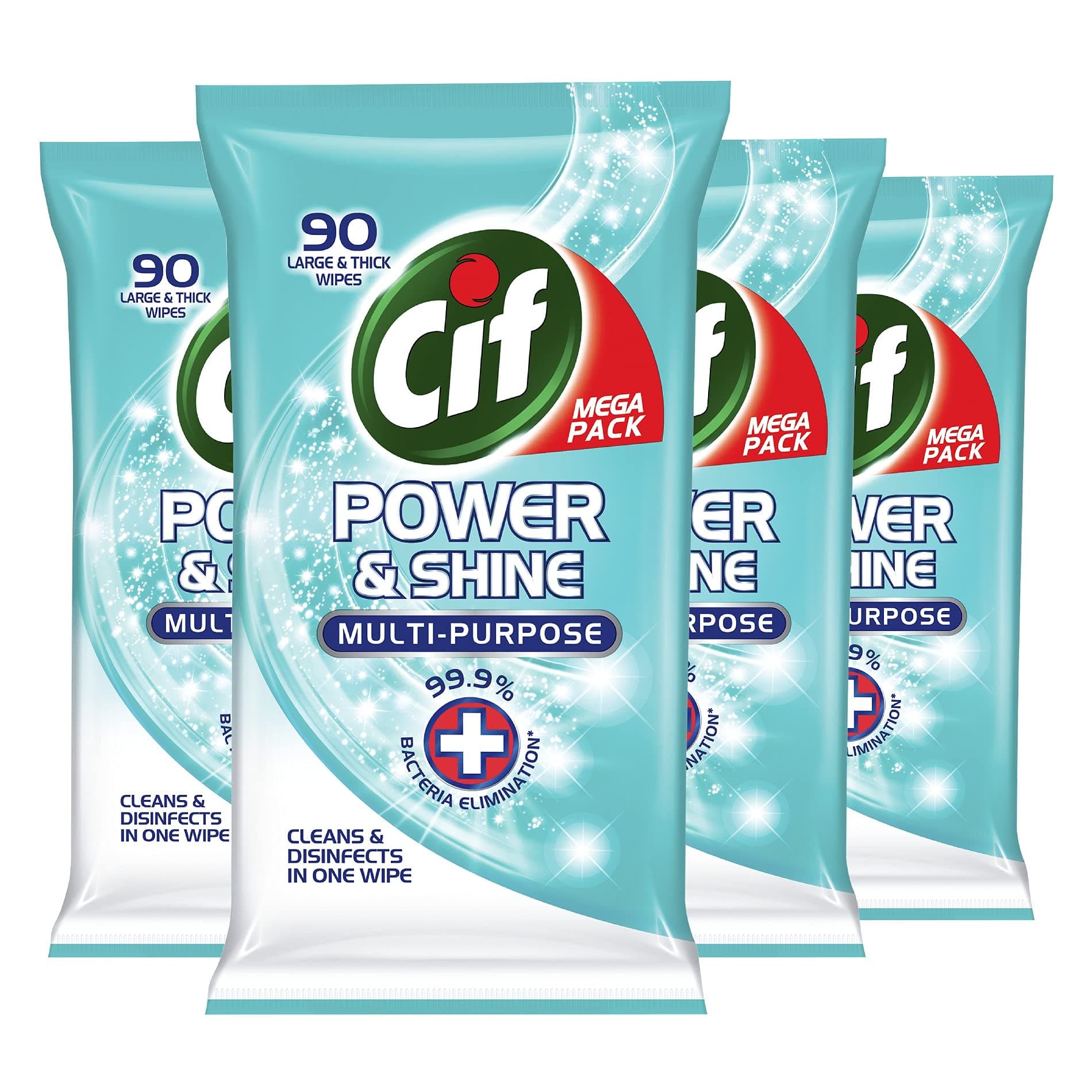 Cif Power & Shine Antibacterial Eliminate 99.9% of Bacteria* Cleaning Wipes Multi-purpose Wipes for A Beautifully Clean Home (4 x 90 Wipes)