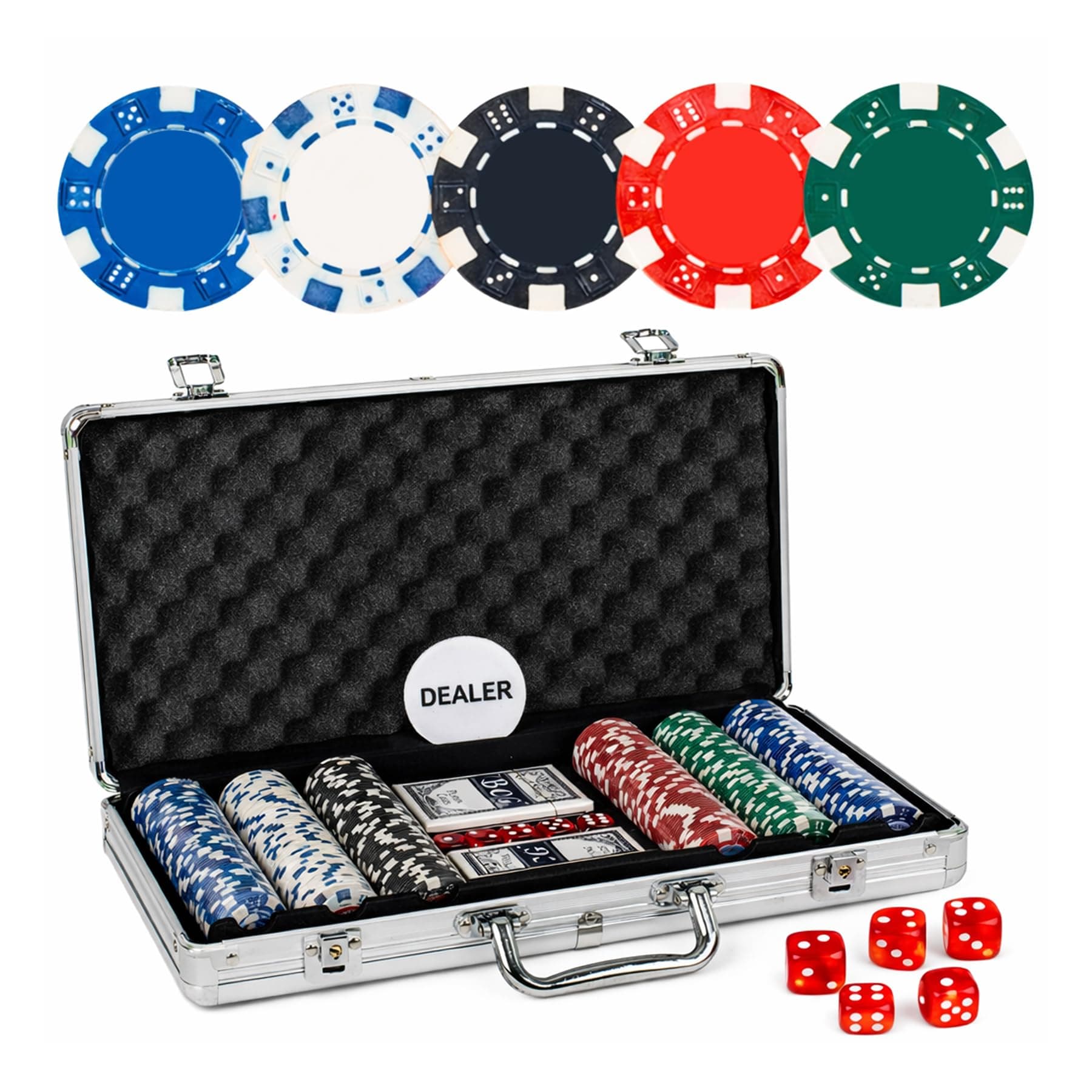 WISHKEY for Adult Casino Style Poker Chips Set with A Aluminum Finish Case, 2 Decks of Card Game, 5 Dice, 1 Dealer Button (Classic Multiplayer Game) 300 Pcs