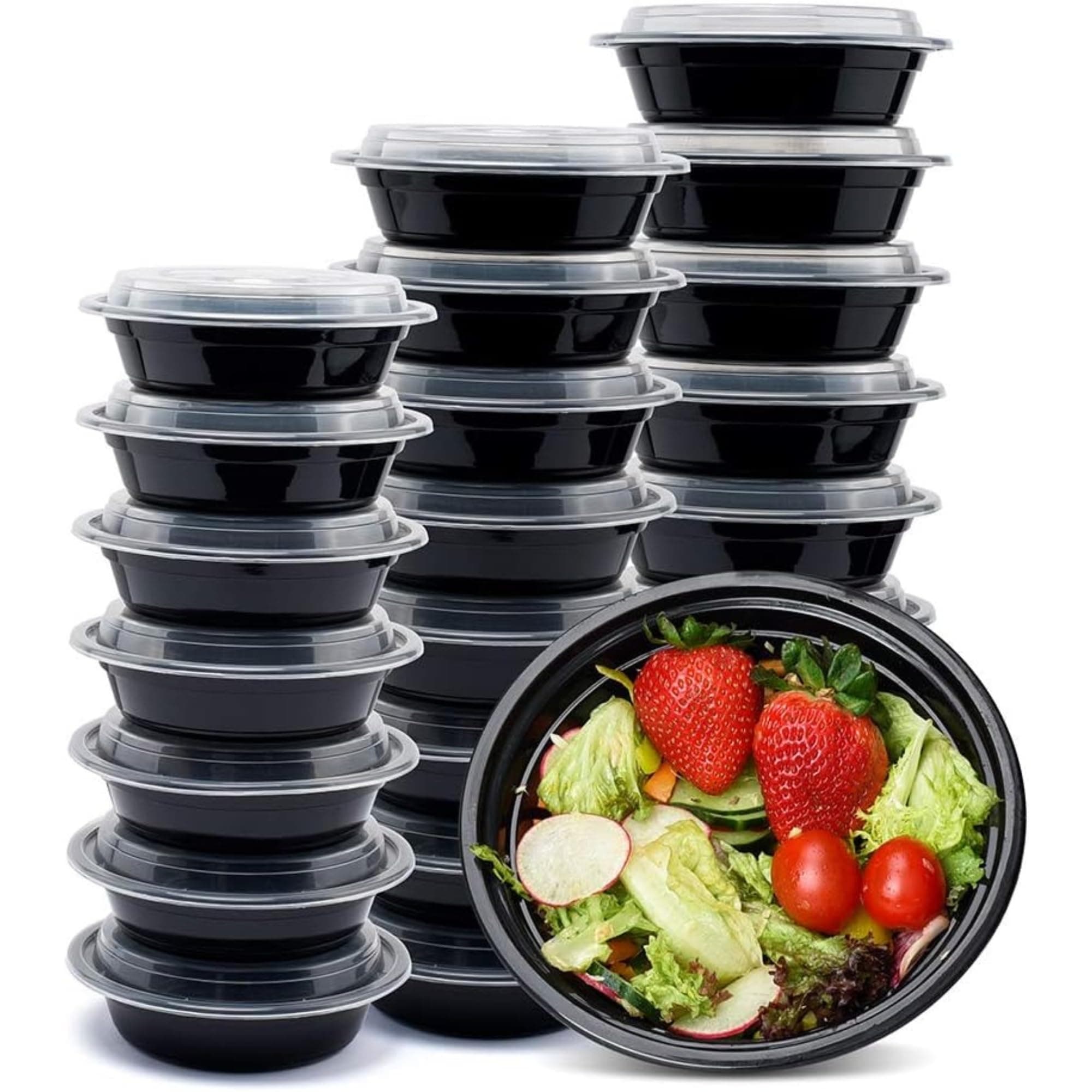 Meal Prep Containers with Lids - 12 Pack 16 Oz Meal Prep Bowls, Disposable Food Prep Containers, Round To Go Containers with Lids, BPA-Free. Freezer & Dishwasher Safe Pack of 12, black