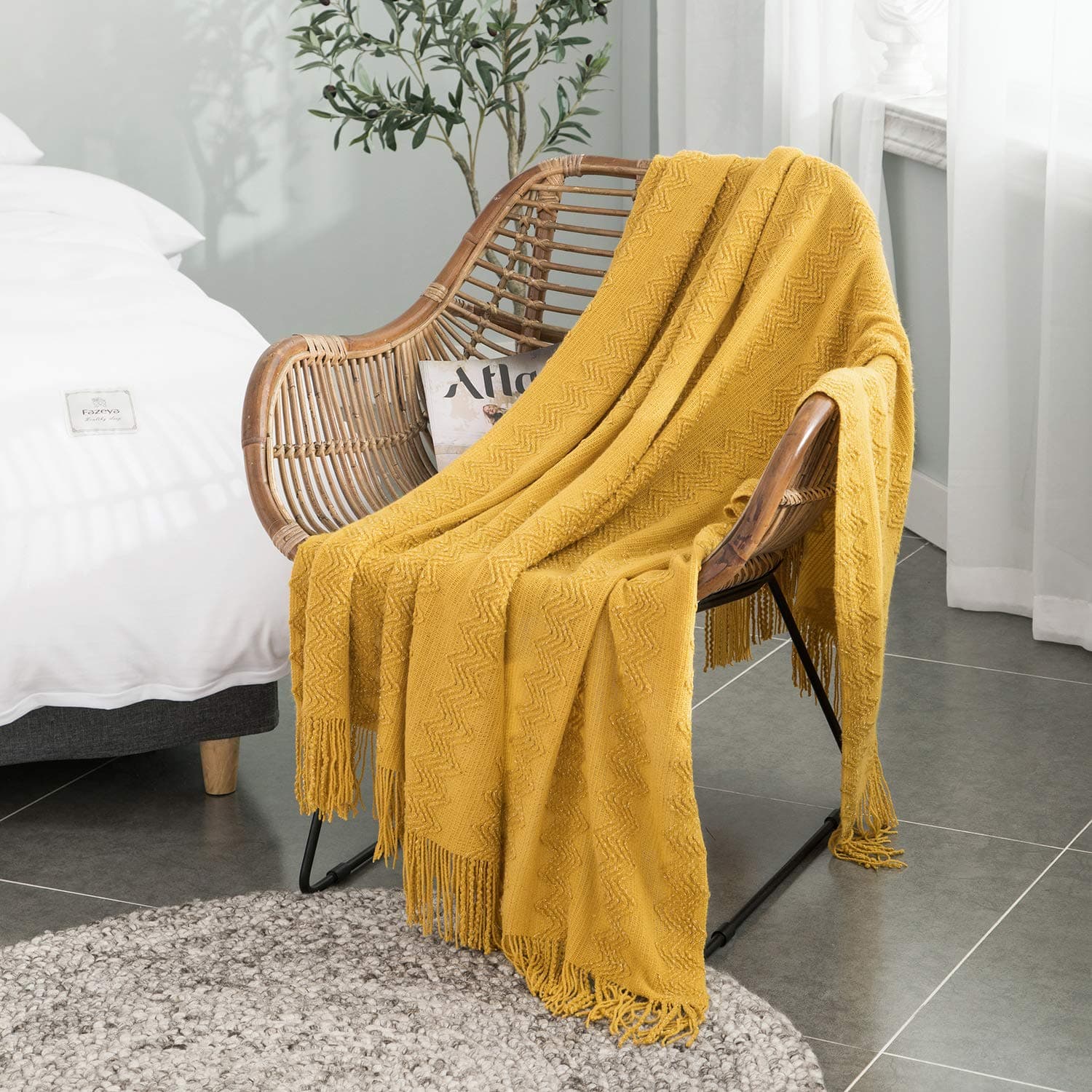 ALPHA HOME Throw Blanket for Couch 60x80 Warm Acrylic Knit Durable Lightweight Decorative Blanket Tassel with Solid Color Soft Bed Blanket for All Season Valentine's Day Machine Washable Mustard