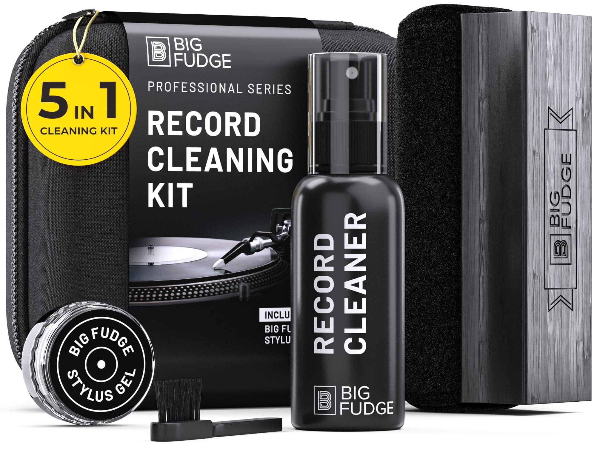 BIG FUDGE Professional Series Vinyl Record Cleaner Kit - Vinyl Record Cleaning Kit Includes Vinyl Record Brush Cleaning Fluid, Stylus Gel, Brush for Velvet, Padded Storage Case