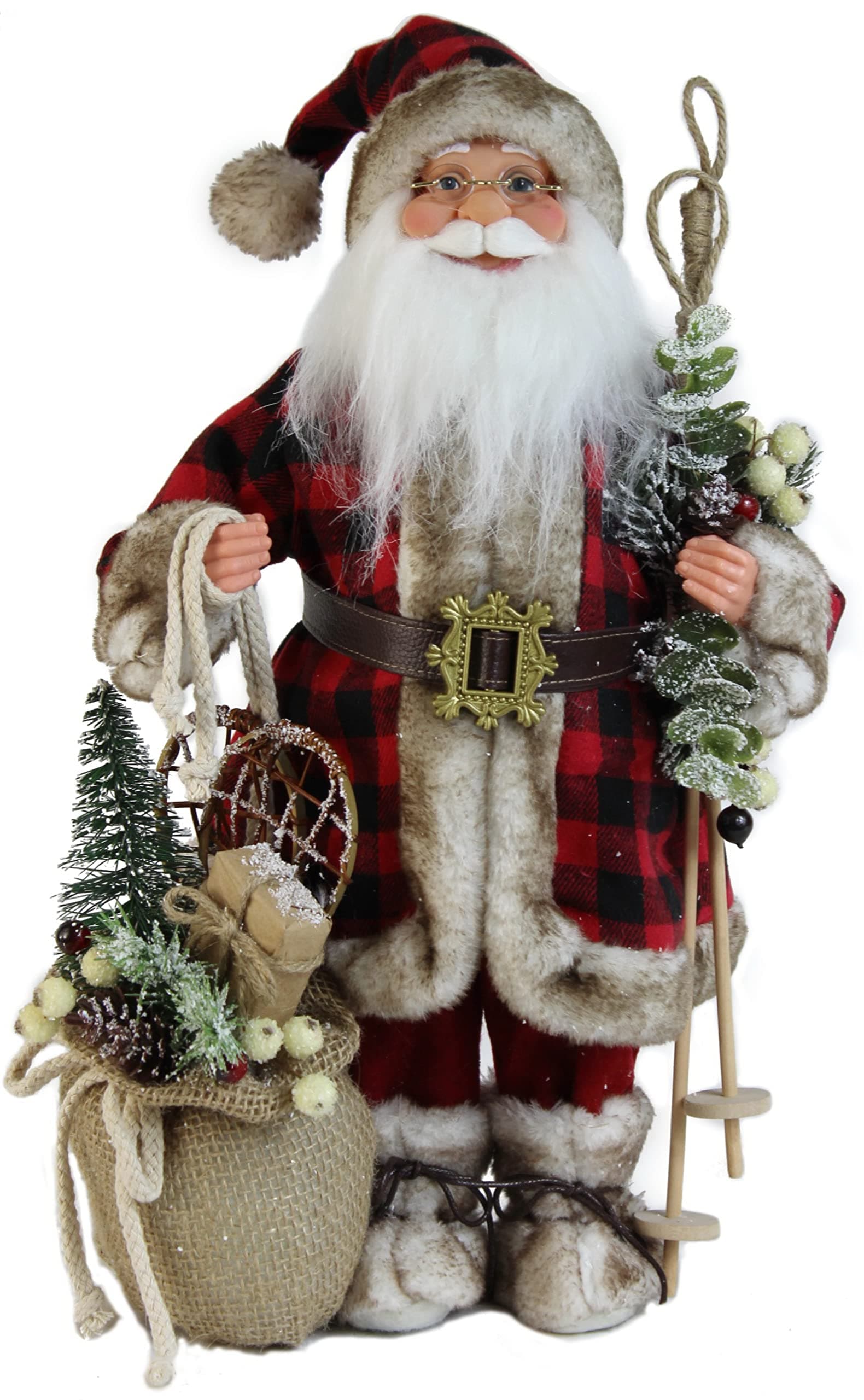 16" Inch Standing Buffalo Plaid with Burlap Toy Sack Santa Claus Christmas Figurine Figure Decoration 168280