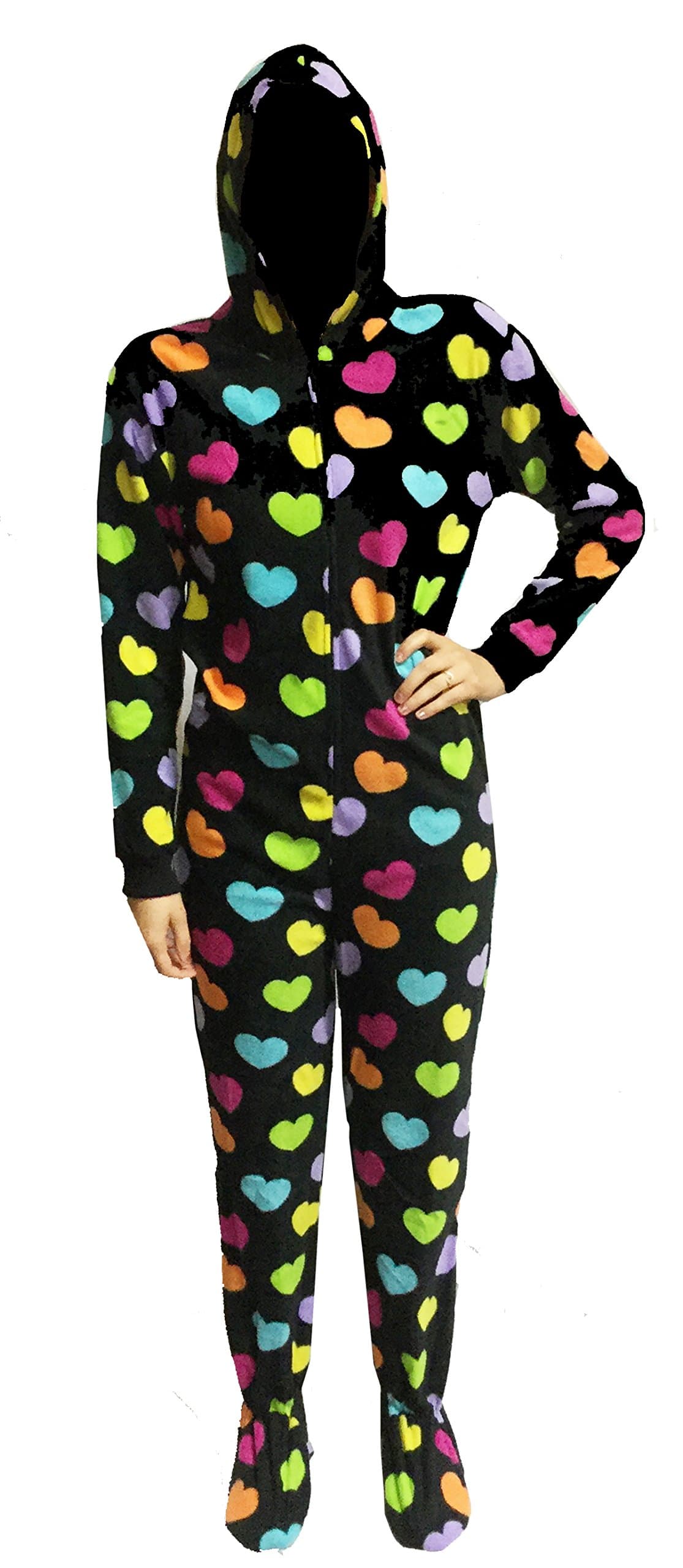 Fun Apparel Womens Fun Prints Footies Footed One Piece Pajamas with Hood, Hearts Goodnight, Medium