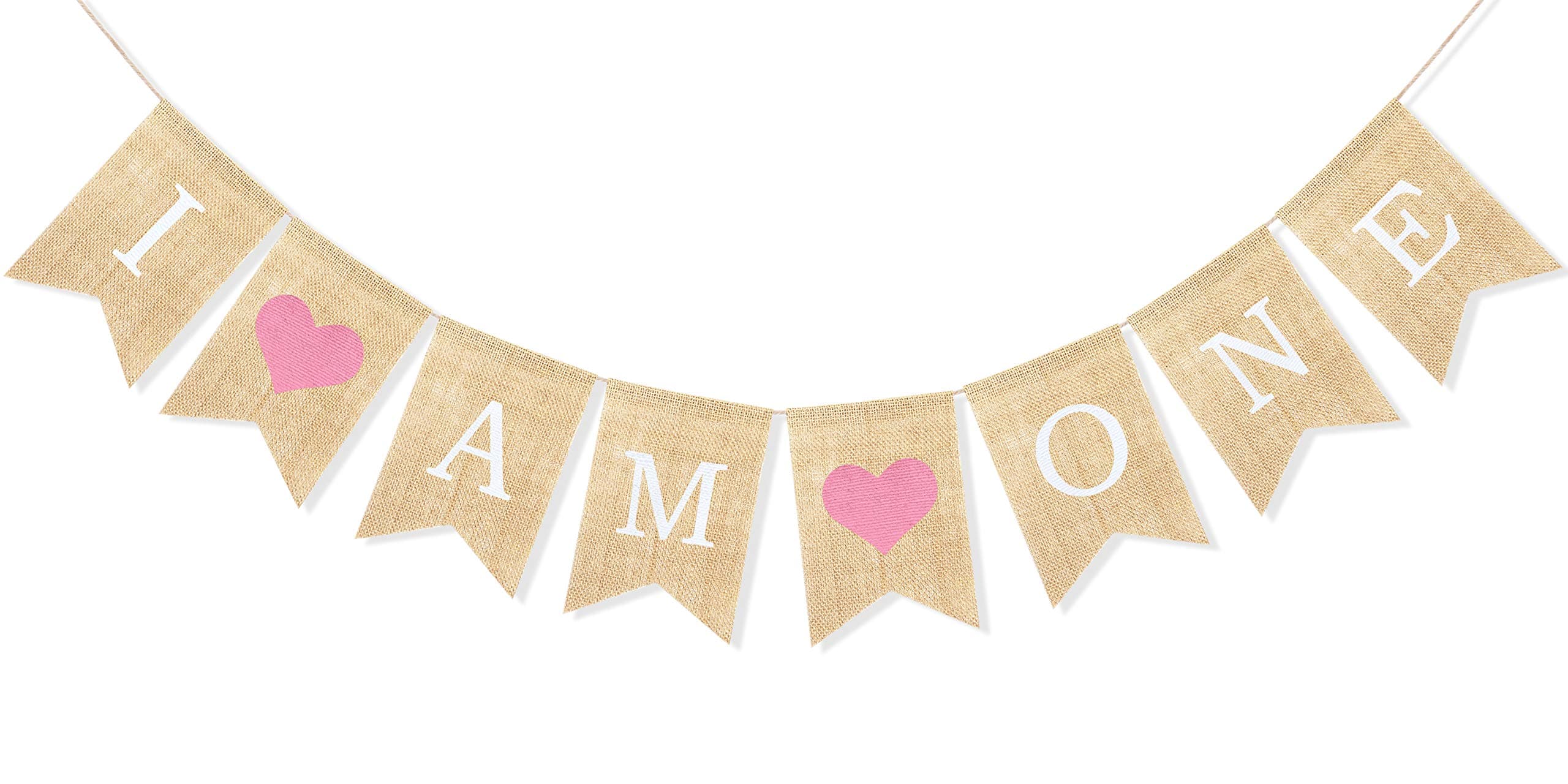 Uniwish I Am One Banner Baby Girl First Birthday Party Decorations, Vintage Rustic Burlap Bunting with Pink Hearts