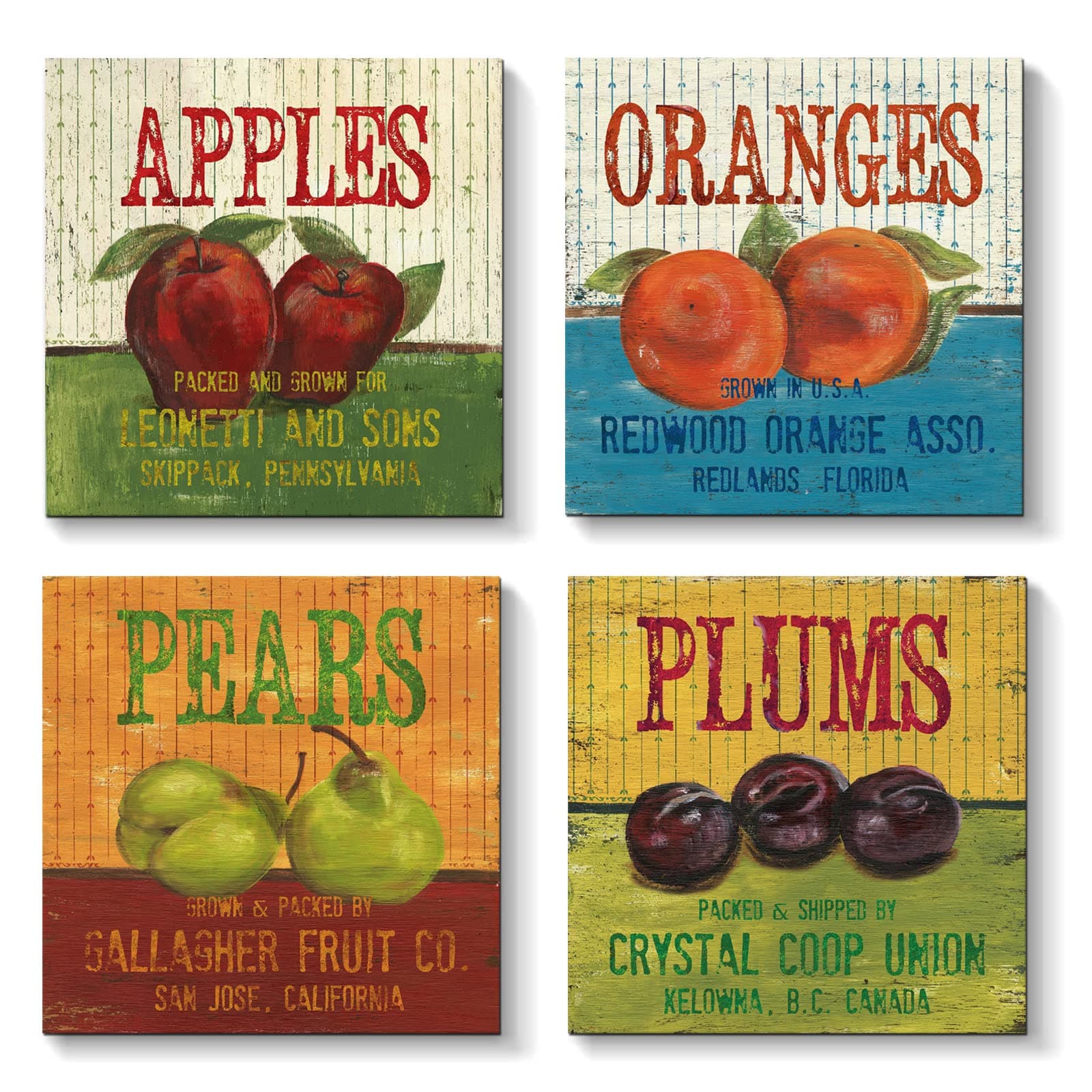 Biuteawal - Fruits Canvas Wall Art for Kitchen Dining Room Decor Oranges Pears Apples Plums Poster Painting Prints Retro Food Picture for Home Decoration Stretched and Framed Ready to Hang