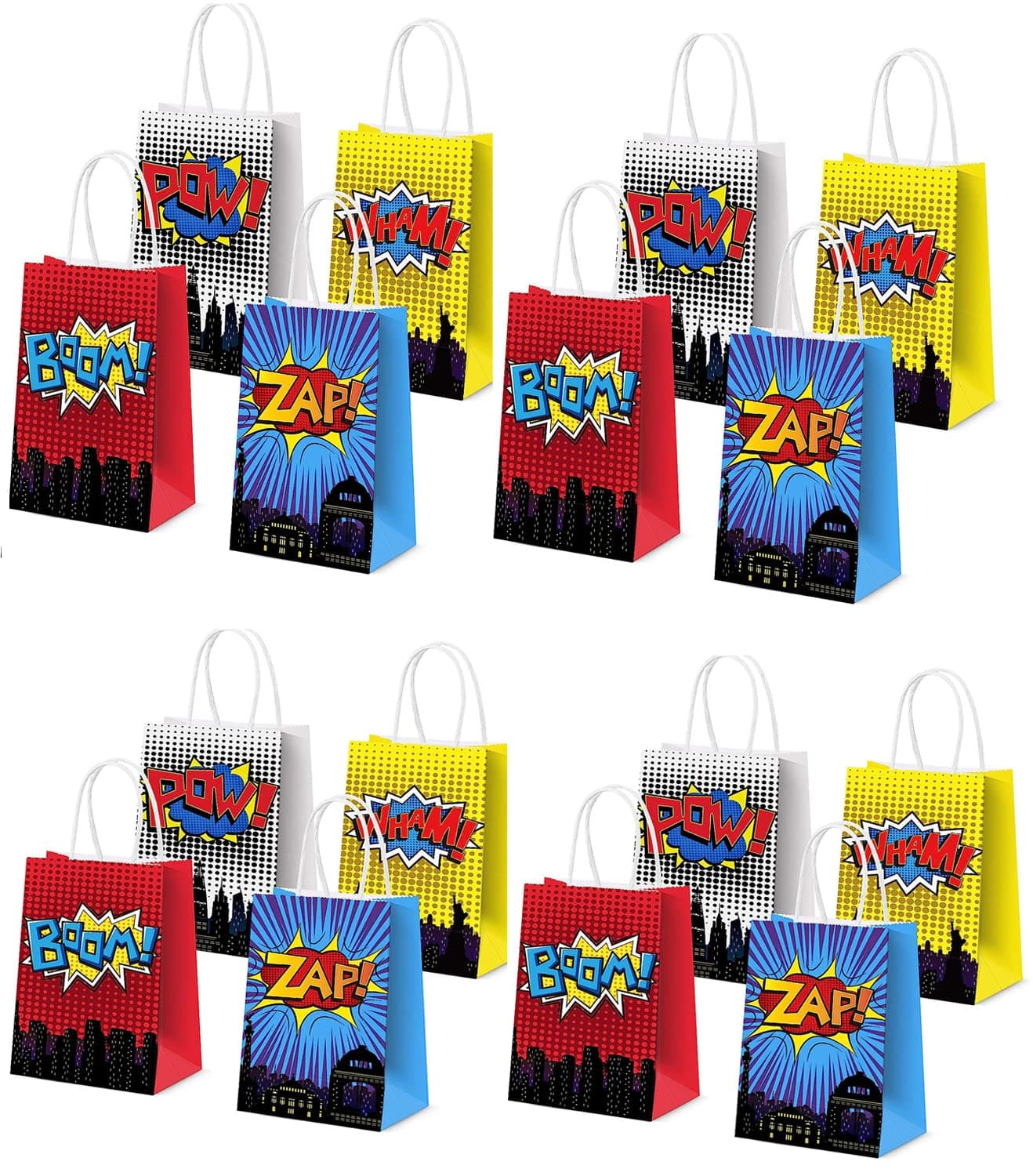 SYOSI Superhero Party Gift Bags, 16Pcs 4 Color Comic Heros Kraft Paper Goodie Candy Treat Gift with Handle Boom Theme Birthday Decorations Supplies Kids Classroom Family Rewards Prize Bag