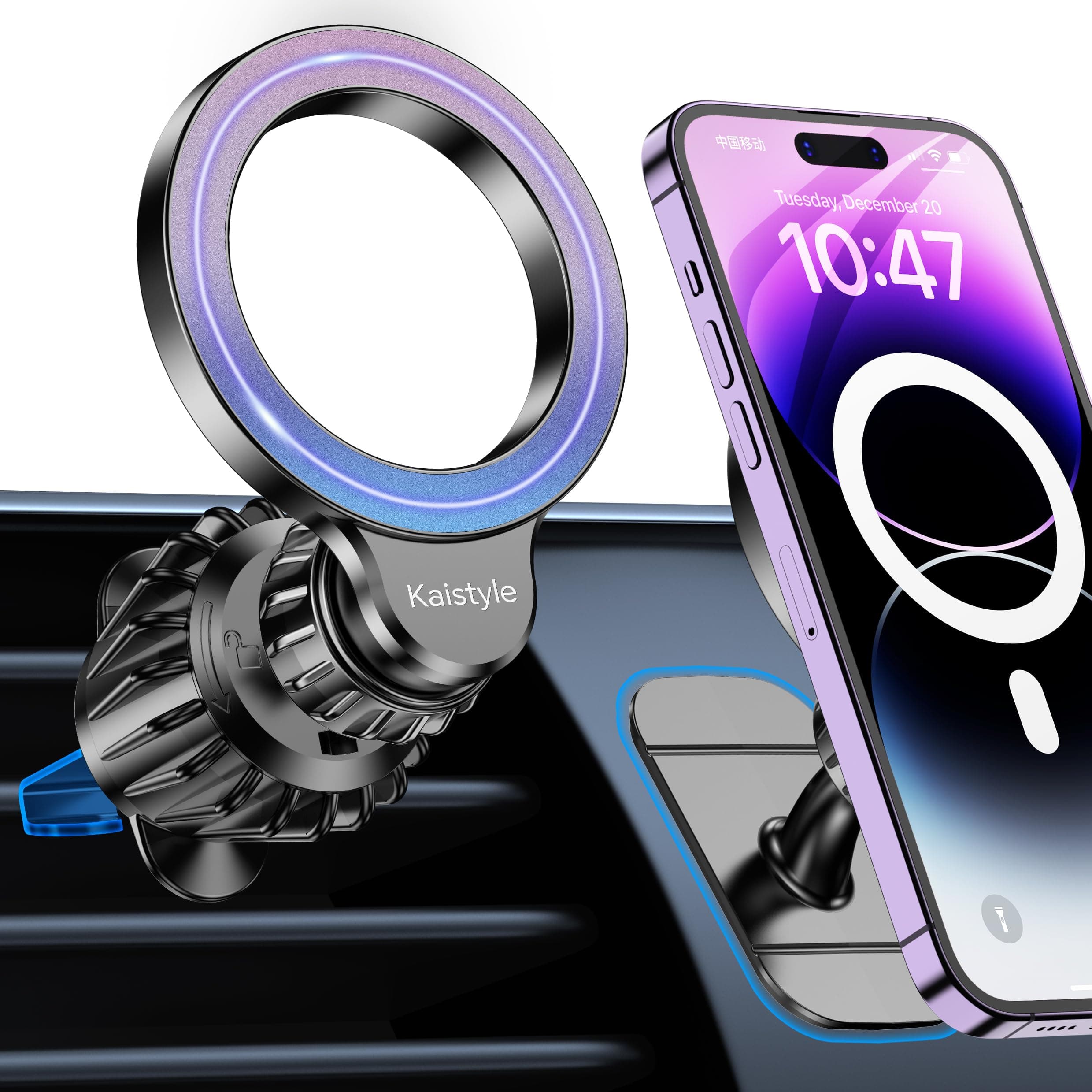 For MagSafe Car Mount - [20 Super Magnets] Magnetic Car Phone Mount 【2-IN-1】Air Vent Phone Holder Car dash, Hands Free Mag Safe Cell Phone Holder Clip for iPhone 15 Pro Max Plus 14 13 12-j9C
