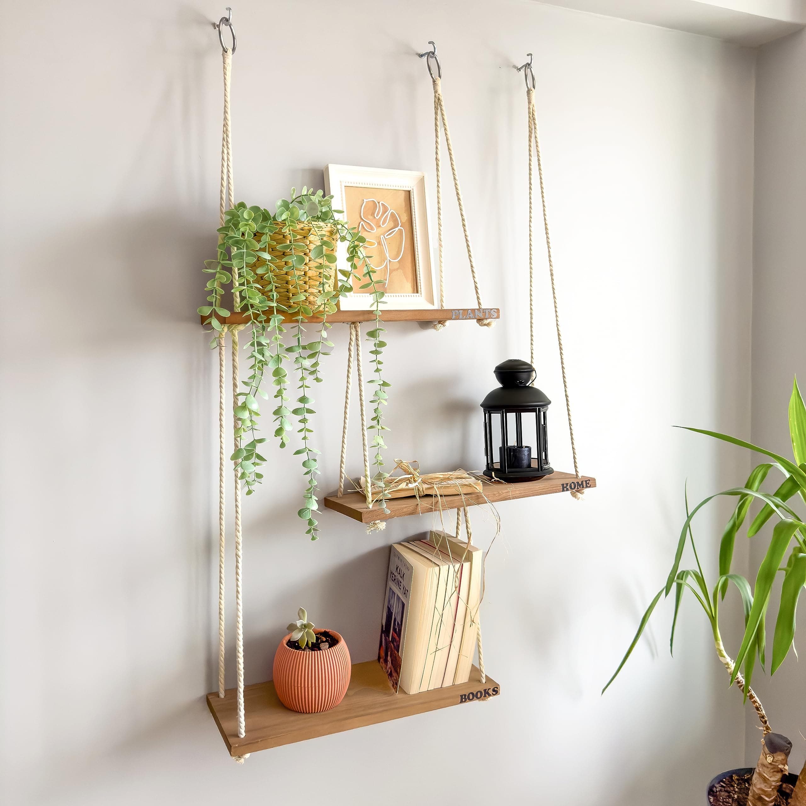 Boho Wall Shelves for Plants - Rope Hanging Shelves for Wall Decor in Living Room, Bedroom, Bathroom