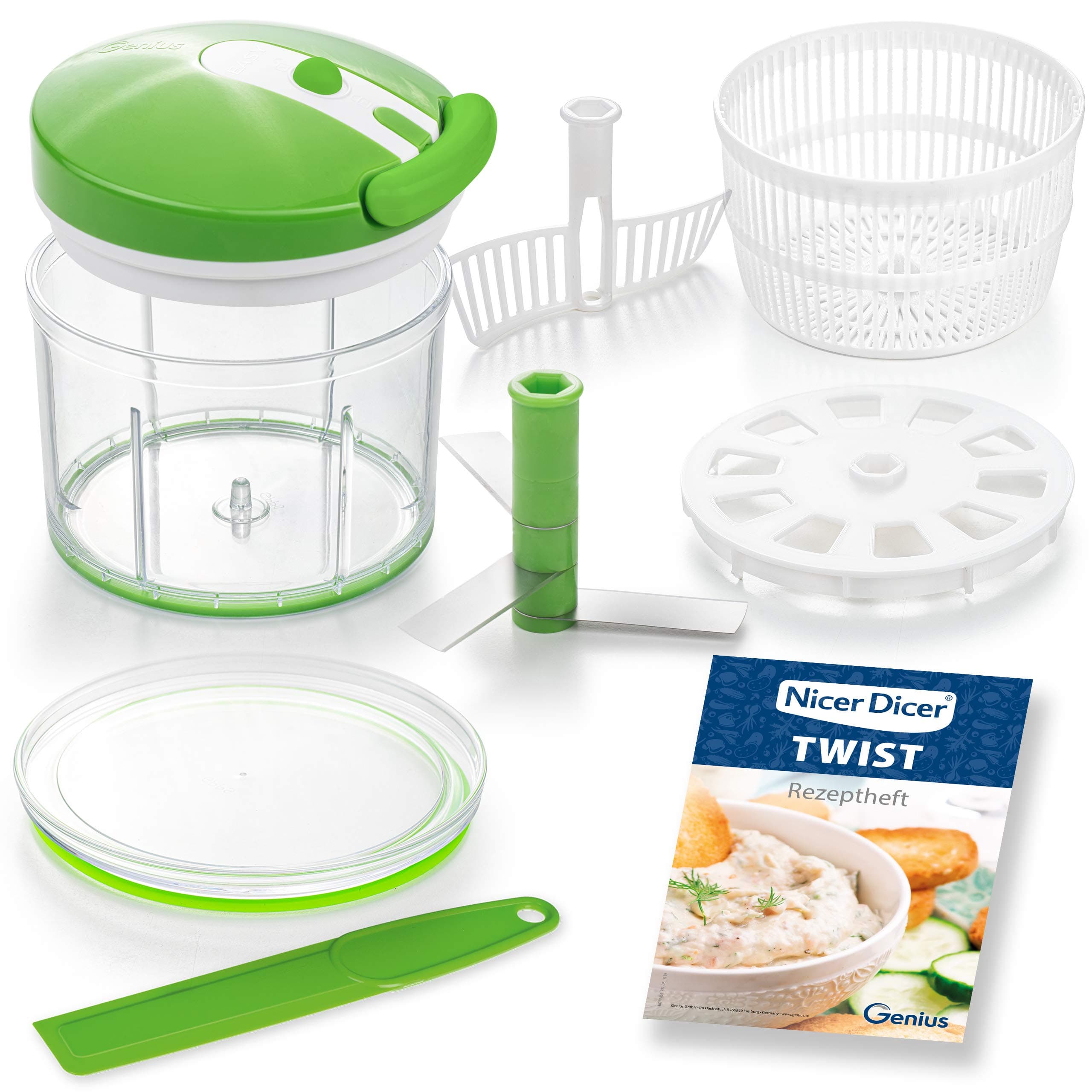 Genius Nicer Dicer Twist Universal Chopper Set, 9 Pieces, Green, Manual Vegetable Cutter with Pulley, Salad Spinner & Strainer, Onion Cutter for Chopping + Puréeing, 1000 ml A29187