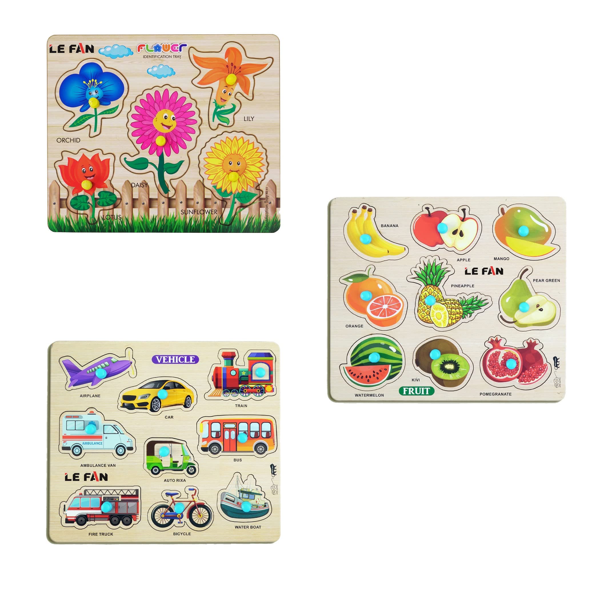Lefan® Kids Fort Pre Nursery Educational Jigsaw Puzzles for Adults kids Learning Toys Kit Board Game 3 pcs Set of Flower Fruits & Vehicle Educational Toy