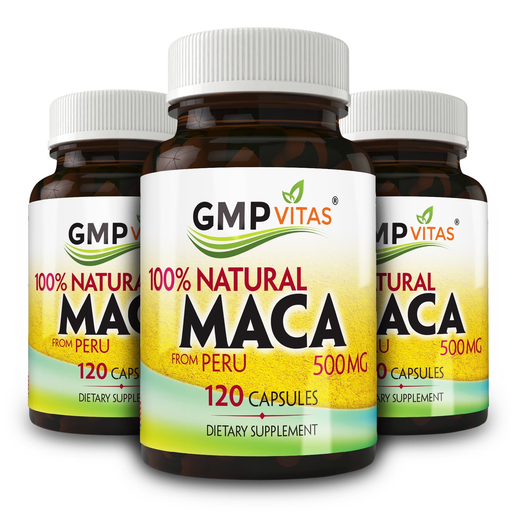 GMP Vitas® Premium Natural Peru MACA (3 Packages) Increase Libido, Improves Vigor, Enhances Stamina 500mg, 120 Capsules