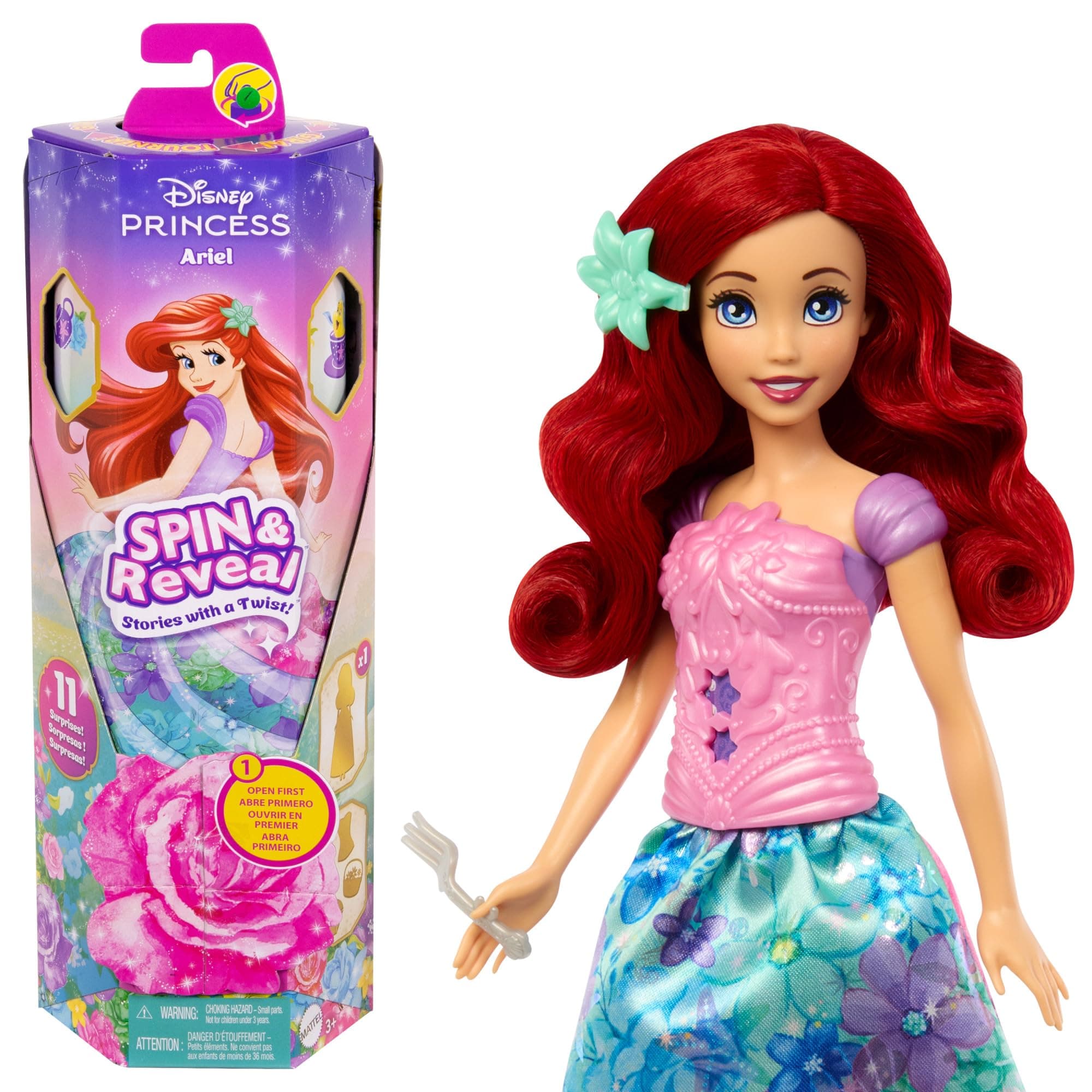 Mattel Disney Princess Ariel Fashion Doll Set, Spin & Reveal with 11 Surprises Including 5 Accessories, 5 Stickers & Play Scene, Inspired by Movie, HTV88