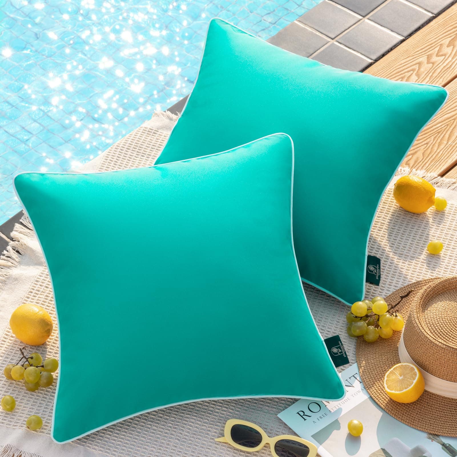 Pack of 2 Outdoor Waterproof Solid Throw Decorative Pillow Cover Decorative Square Outdoor Pillows Cushion Case Patio Pillows for Couch Tent Sunbrella (20''x20'', Turquoise)