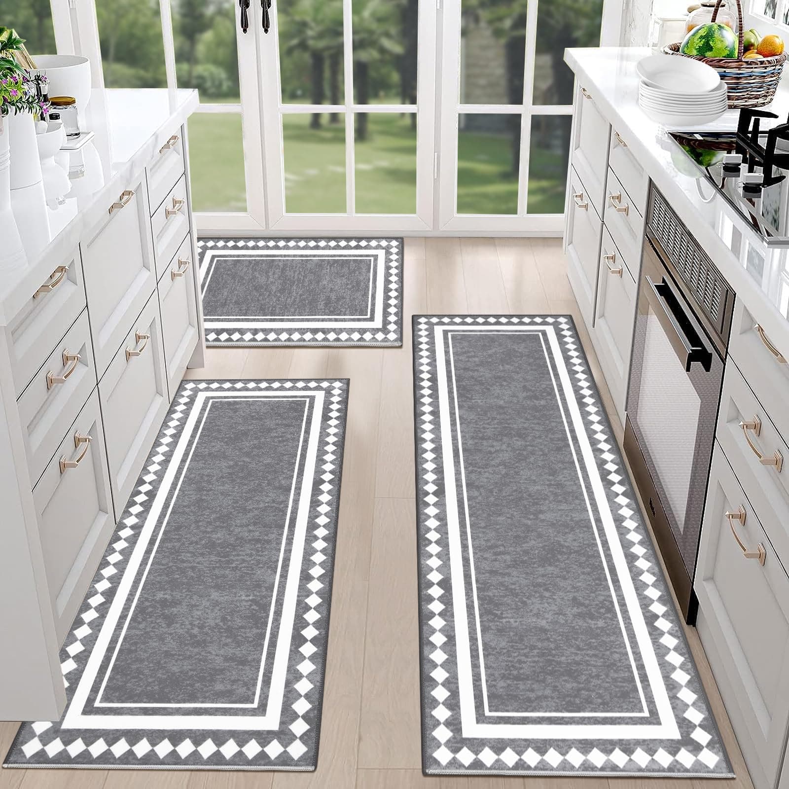 HEBE Farmhouse Kitchen Rugs Sets of 3 Non Slip Washable Boho Kitchen Rugs and Mats for Floor Kitchen Runner Rug Floor Carpet for Kitchen, Laundry, Hallways