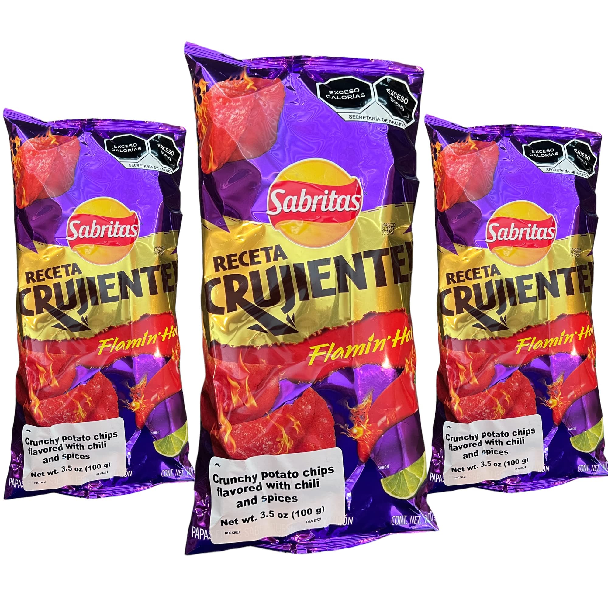 Receta Crujiente Flamin' Hot (3 Pack) 3.5 oz - Mexican Large Chips - Botanas Mexicanas Bolsa Grande