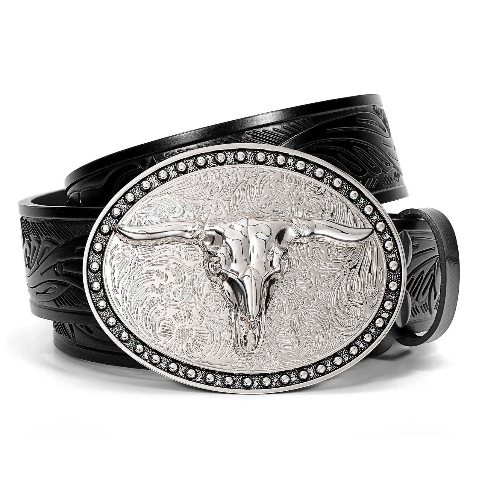 Western Belt Cowboy Belts for Men Women, Western Leather Belts Bull Buckle Belt Embossed Leather Belt for Jeans