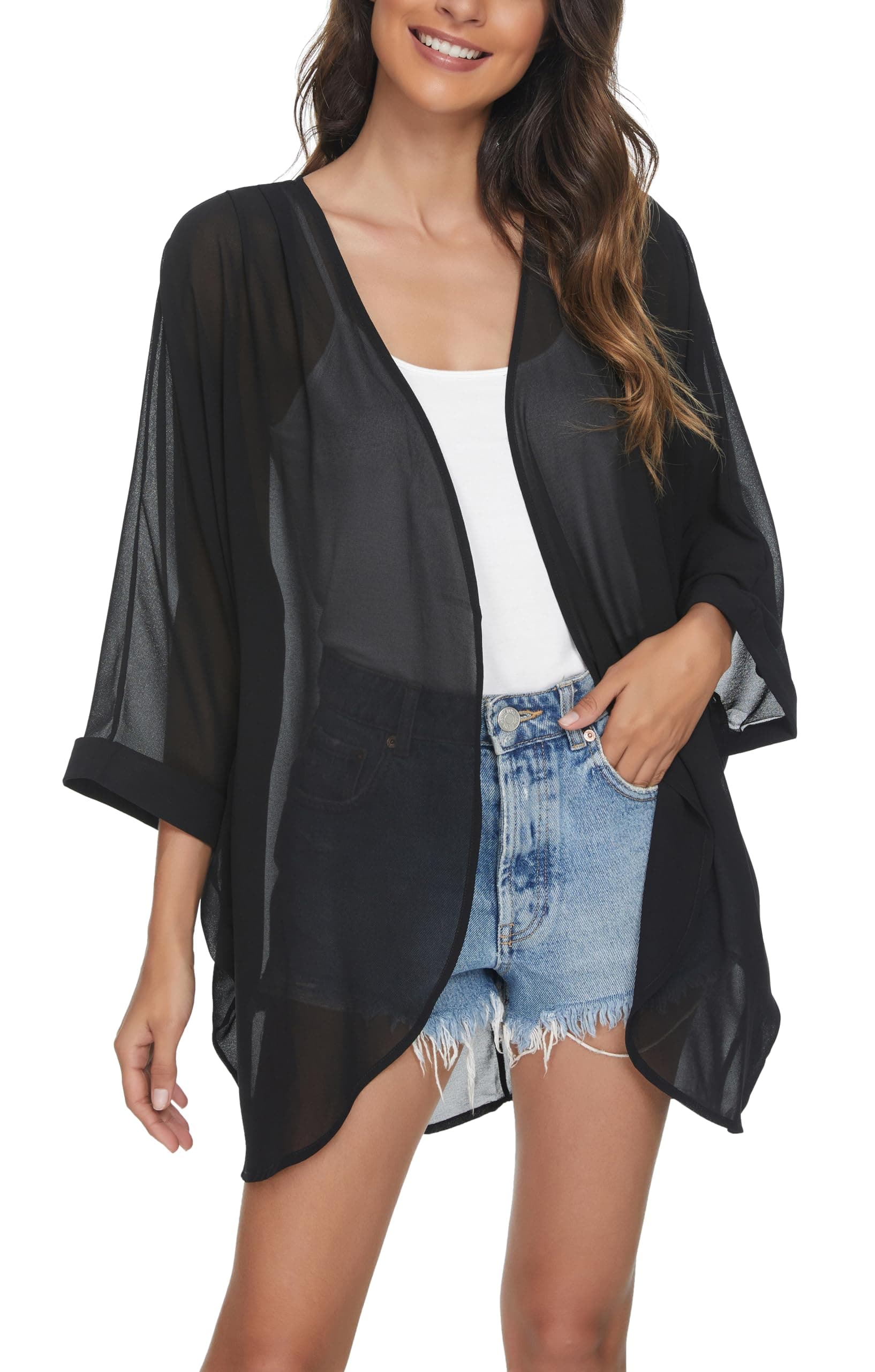 Women's Floral Print Sheer Chiffon 3/4 Bat Sleeve Casual Loose Kimono Cardigan Capes