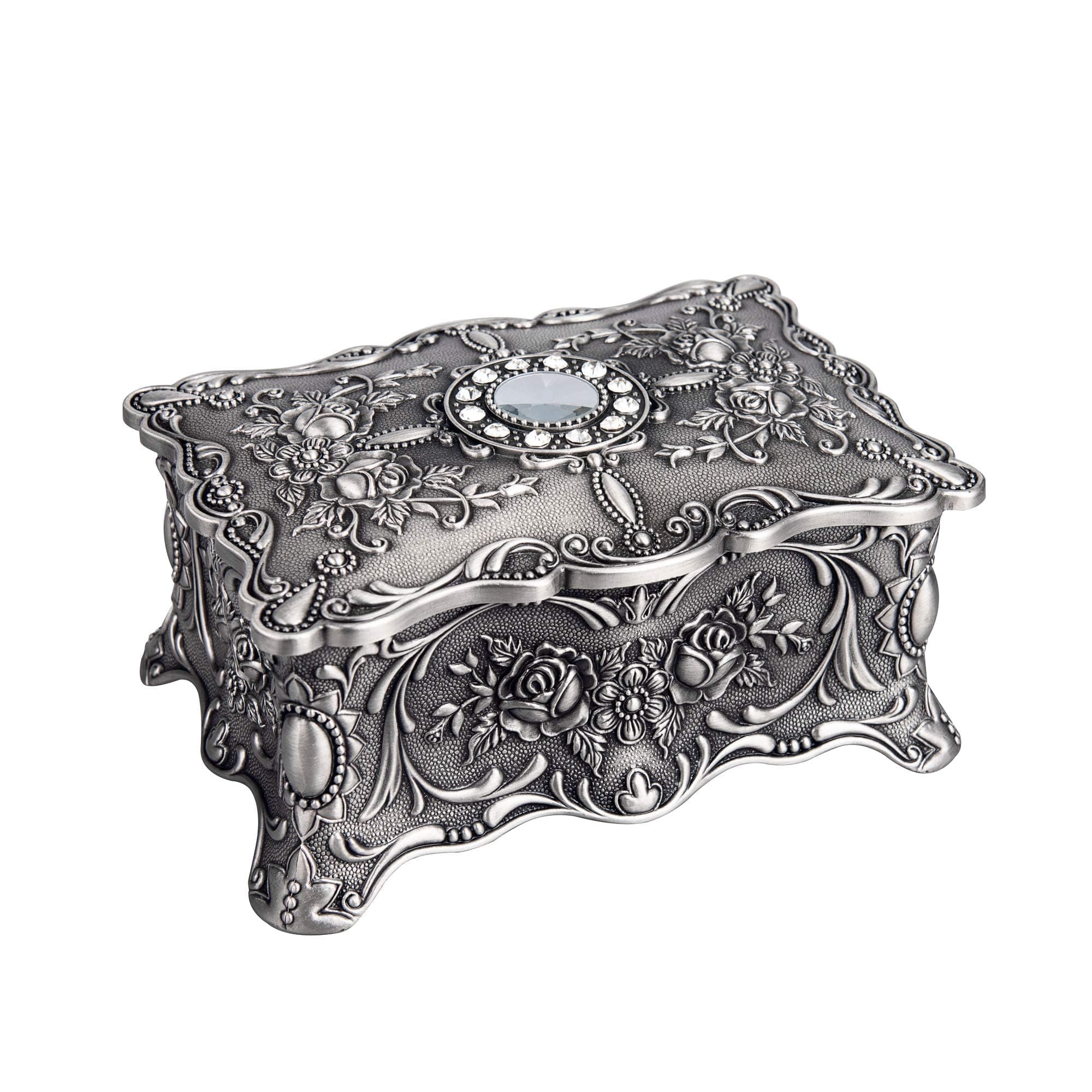 Feyarl Vintage Trinket Jewelry Box Ring Earring Necklace Treasure Chest Case Classic Organizer Keepsake Box Ornate Antique Decorative Box for Girl Women Birthday Wedding Gift(pewter)