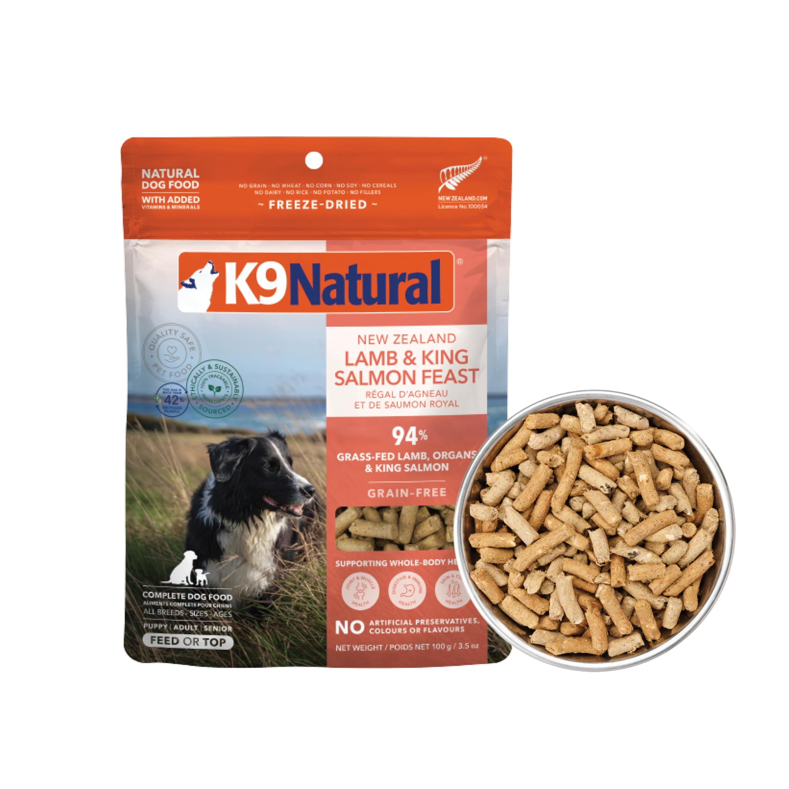 K9 Natural Lamb & King Salmon Freeze Dried Dog Food, High-Meat Natural Complete Meal or Meal Toppers for Dogs, Grass-Fed Lamb & King Salmon from New Zealand, Grain-Free, GMO-Free, 3.5oz