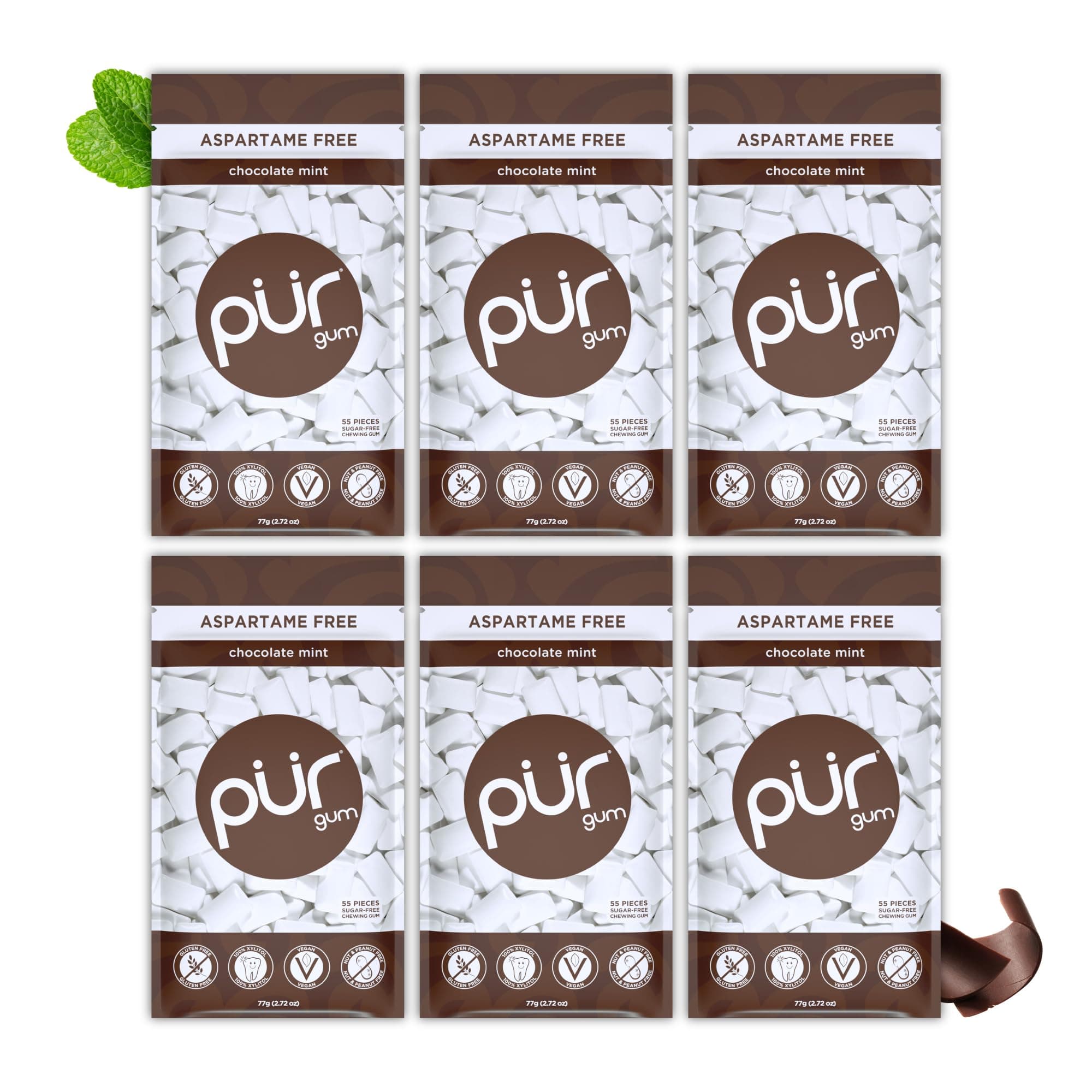 PUR Gum | Aspartame Free Chewing Gum | 100% Xylitol | Natural Chocolate Mint Flavored Gum, 55 Pieces (Pack of 6)