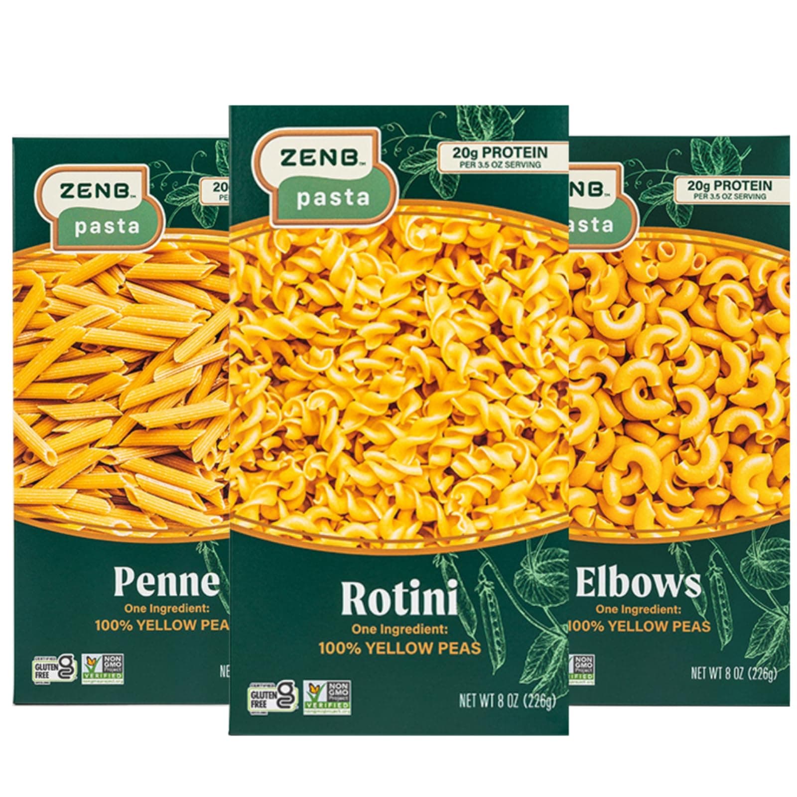 ZENB Plant Based Rotini, Elbow, and Penne Variety Pack Pasta - Made From 100% Yellow Peas, Gluten Free, Non-GMO & Vegan, 20g of Protein & 12g of Fiber In Every Serving - (Pack of 3)