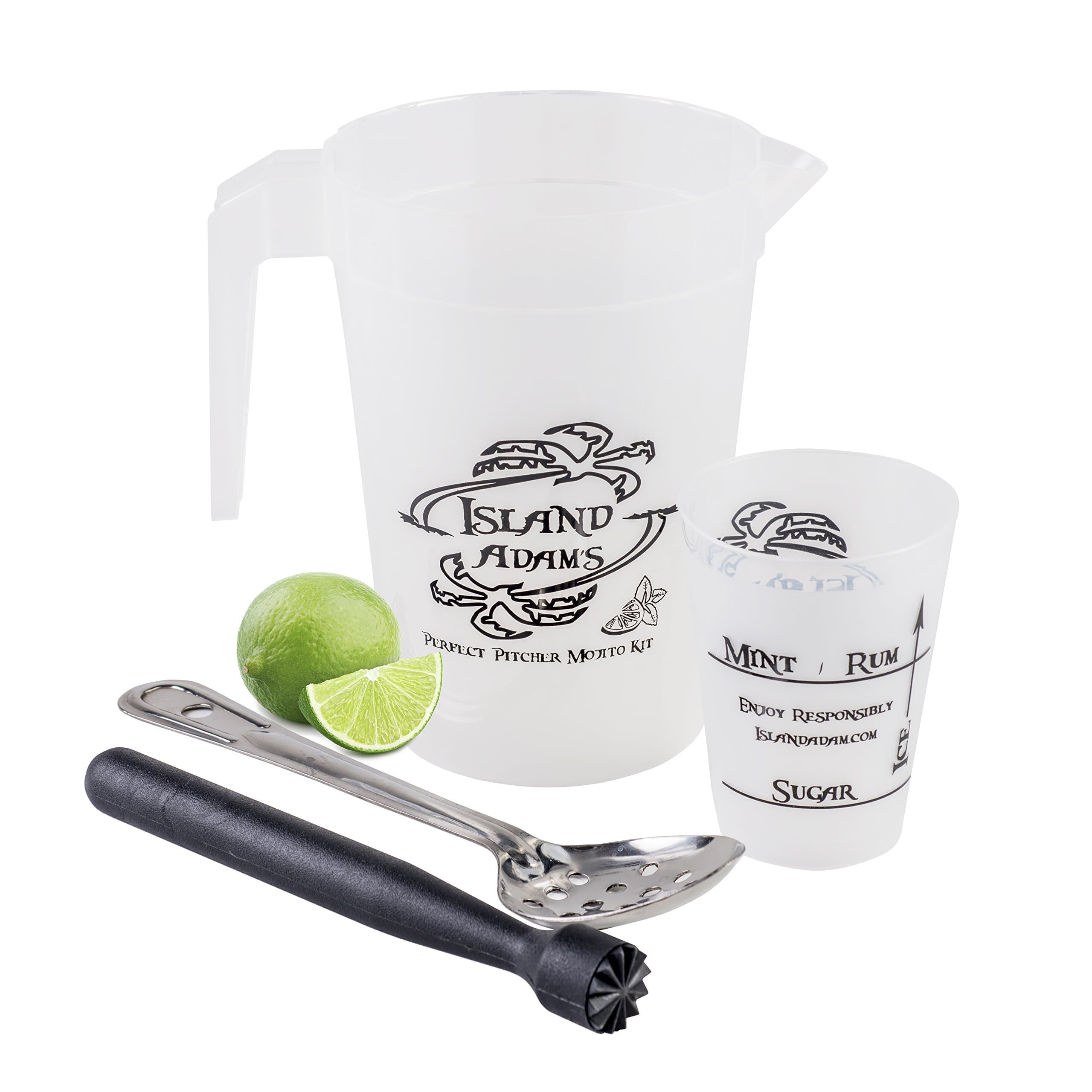 Perfect Pitcher Mojito Kit - tools and recipe for a perfect pitcher of mojitos every time. Mojito pitcher, muddler, spoon, measuring cup, recipe, guide. This is the bar set for fresh homemade mojitos.