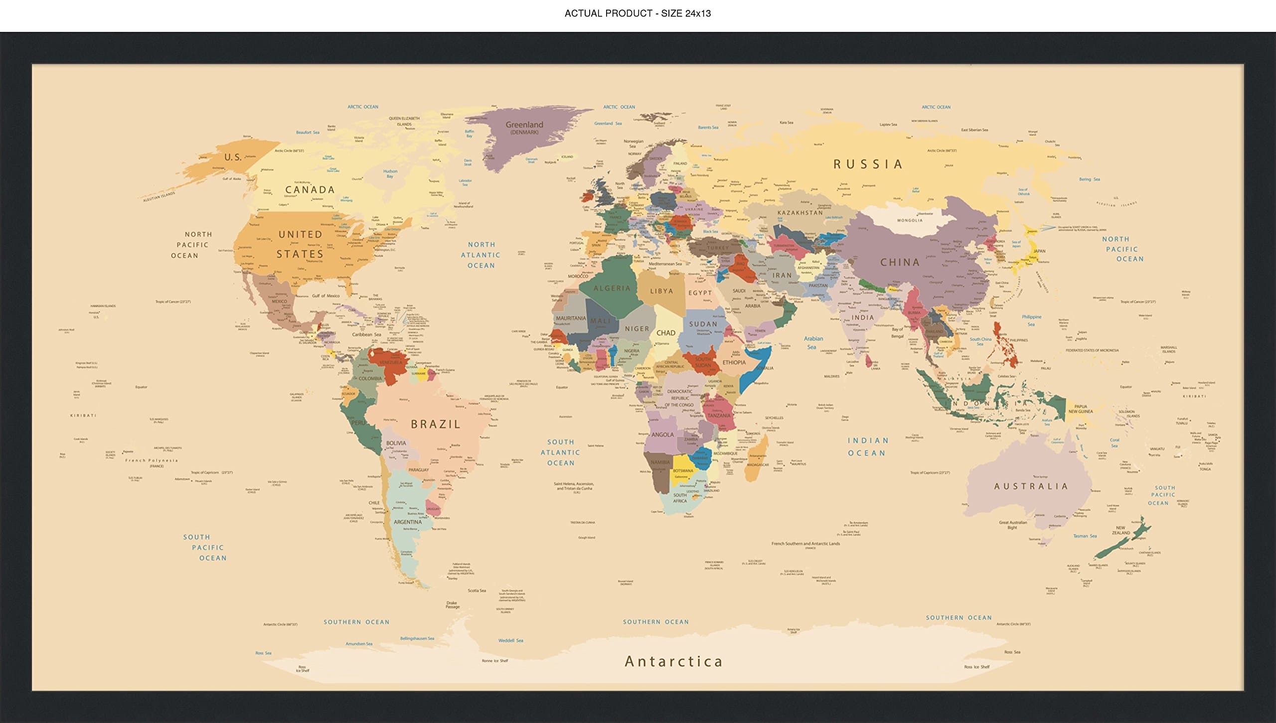 24x13 Inch 3D Wall Sticker Decal Mural Vintage Style World Map with Faux Black Frame - Peel and Stick - Made from Tear-Proof, Easy-to-Clean, Durable Bubble Free Material