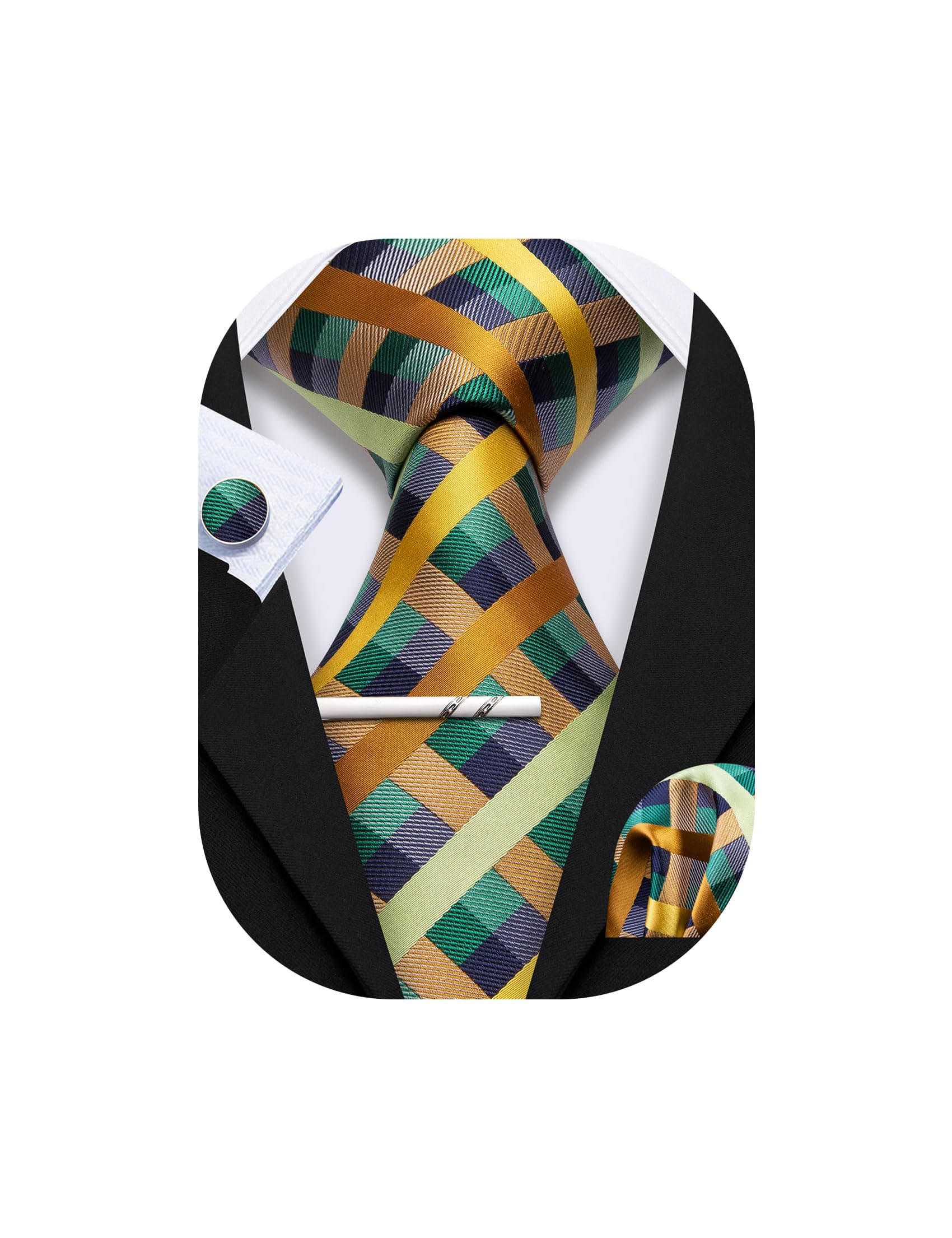 Men Plaid/Striped Ties Set Silk Business Wedding Formal Fashion Necktie and Pocket Square Cufflinks Set