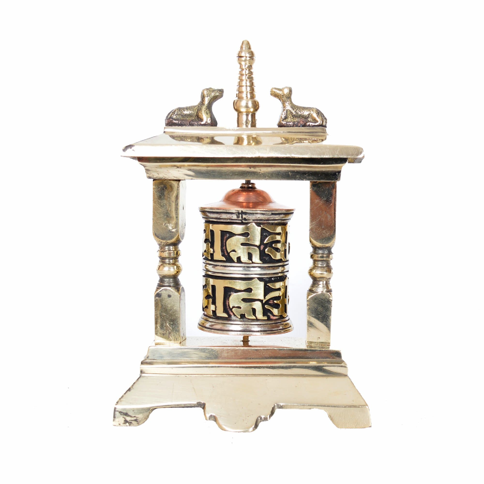 Tibetan Table Top Copper Brass Prayer Wheel With Supporting Frame-11.5cm-(CS-MANE-100)