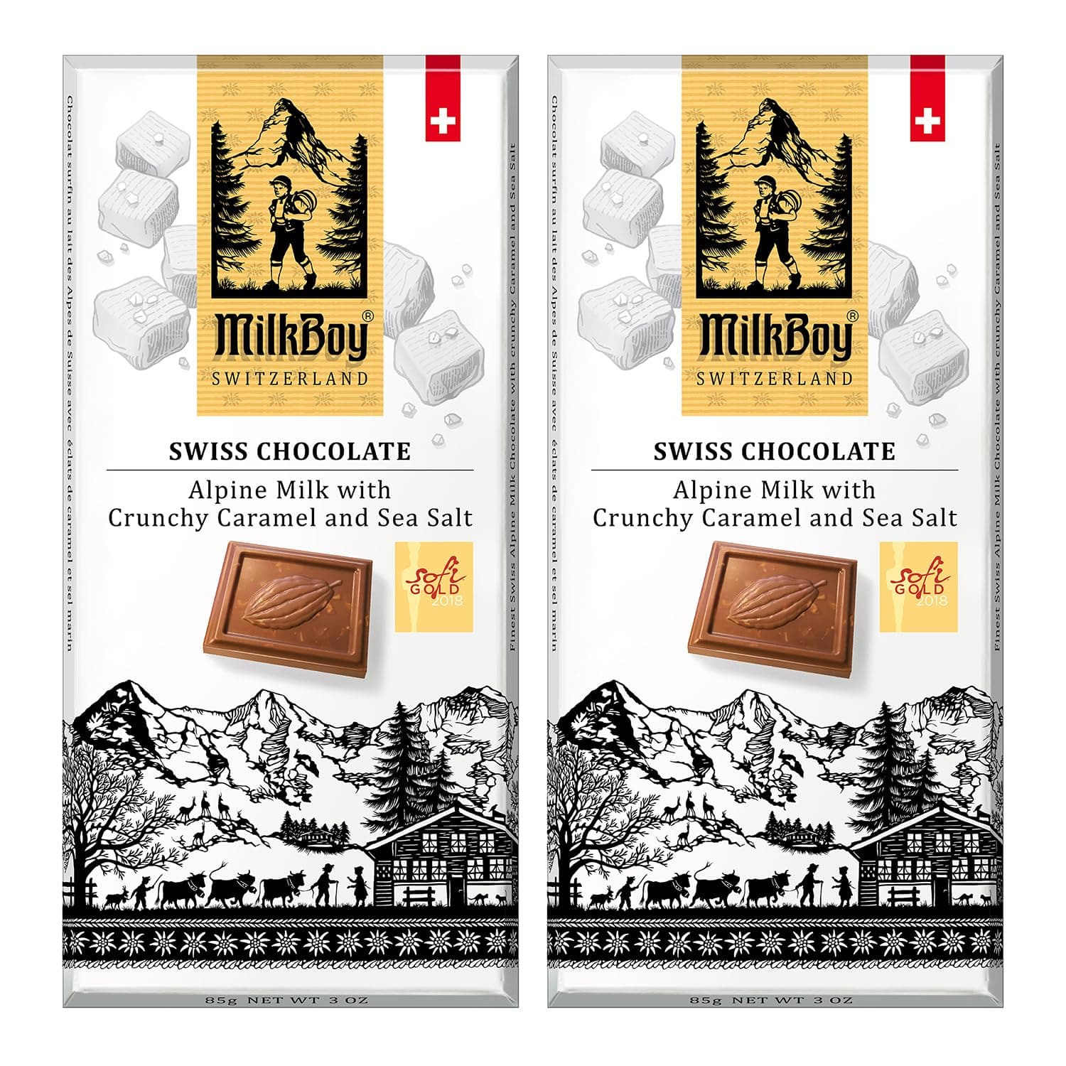 Milkboy Swiss Chocolates Milk Chocolates - Alpine Milk Chocolate Bars with Crunchy Caramel Sea Salt - Gluten-Free Non-GMO All Natural - Made in Switzerland - 3 oz, Pack 2
