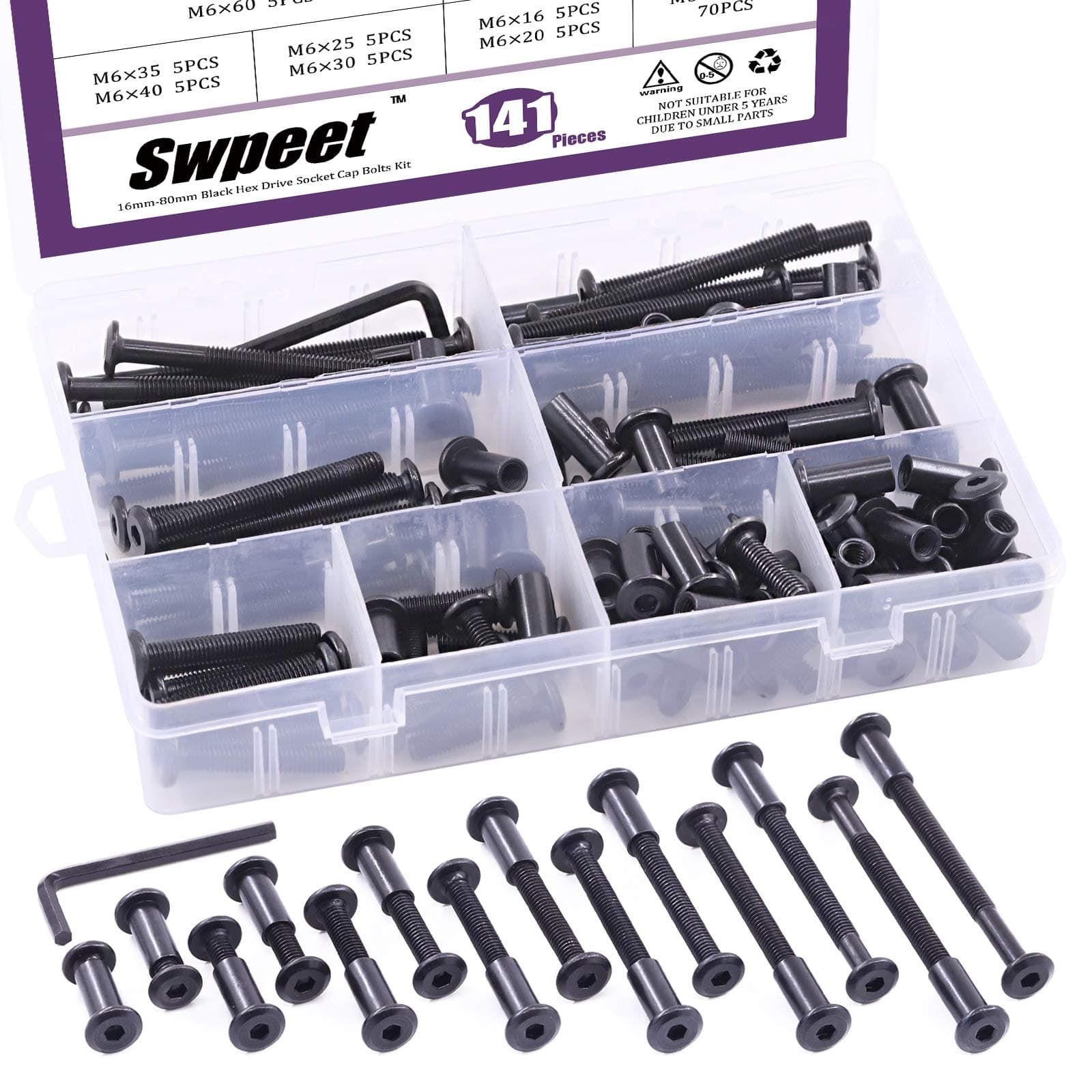 Swpeet 141Pcs 14 Different Sizes M6x16mm-80mm Carbon Steel Black Hex Drive Socket Cap Bolts Barrel Nuts Kit with 1Pcs Allen Wrench, Screw Post Fit for Furniture Countsunk Belt Leather Binding Bolts