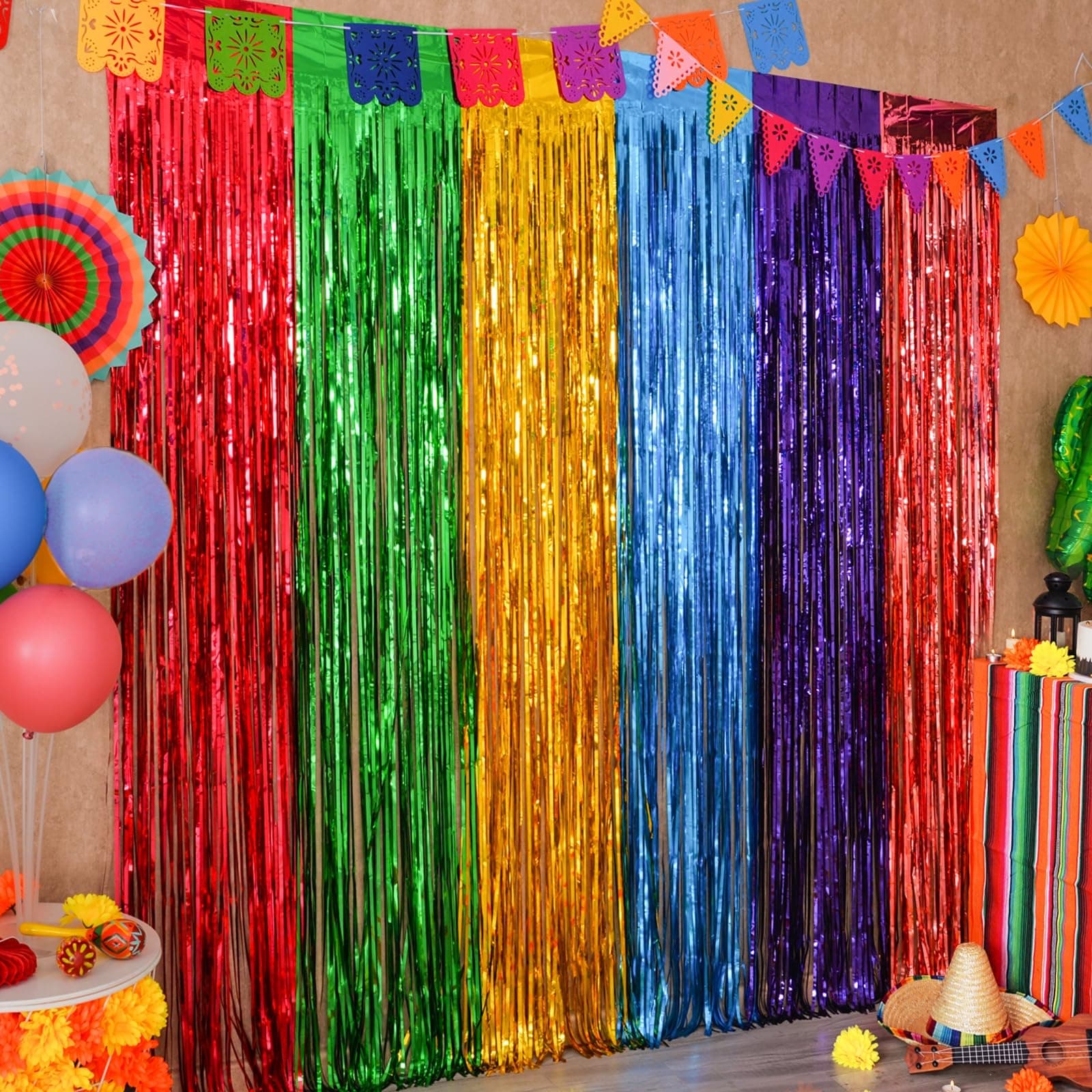 Mega-L Cinco de Mayo Decorations, 2 Pack Fiesta Party Decorations Foil Fringe Curtains Backdrop, 3.3x6.6ft Taco Party Tinsel Streamers,for Mexican Themed Photo Booth Props, Loteria Birthday Decor