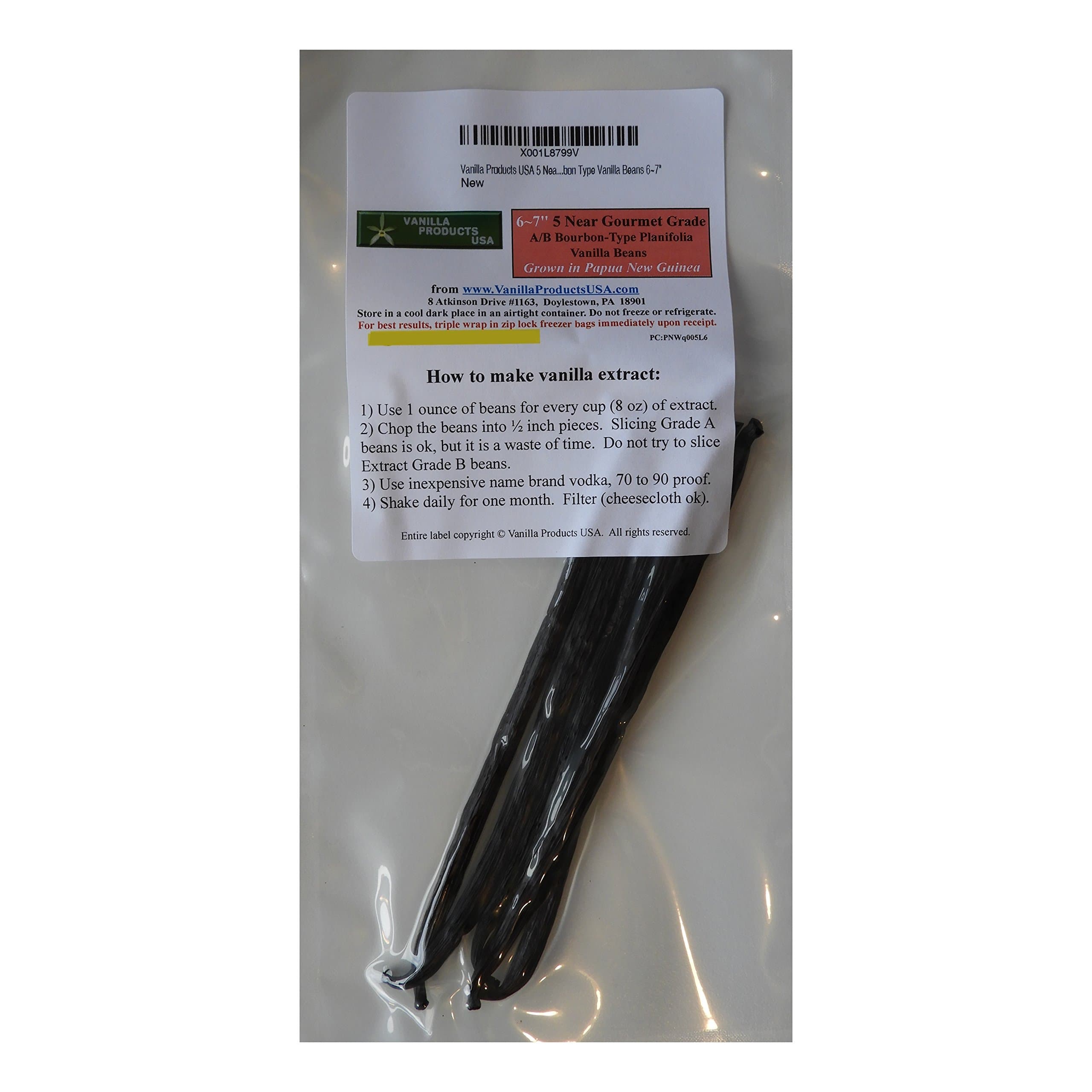 Vanilla Beans 5 Near Gourmet Grade A/B PNG Bourbon Type 6~7" by Vanilla Products USA