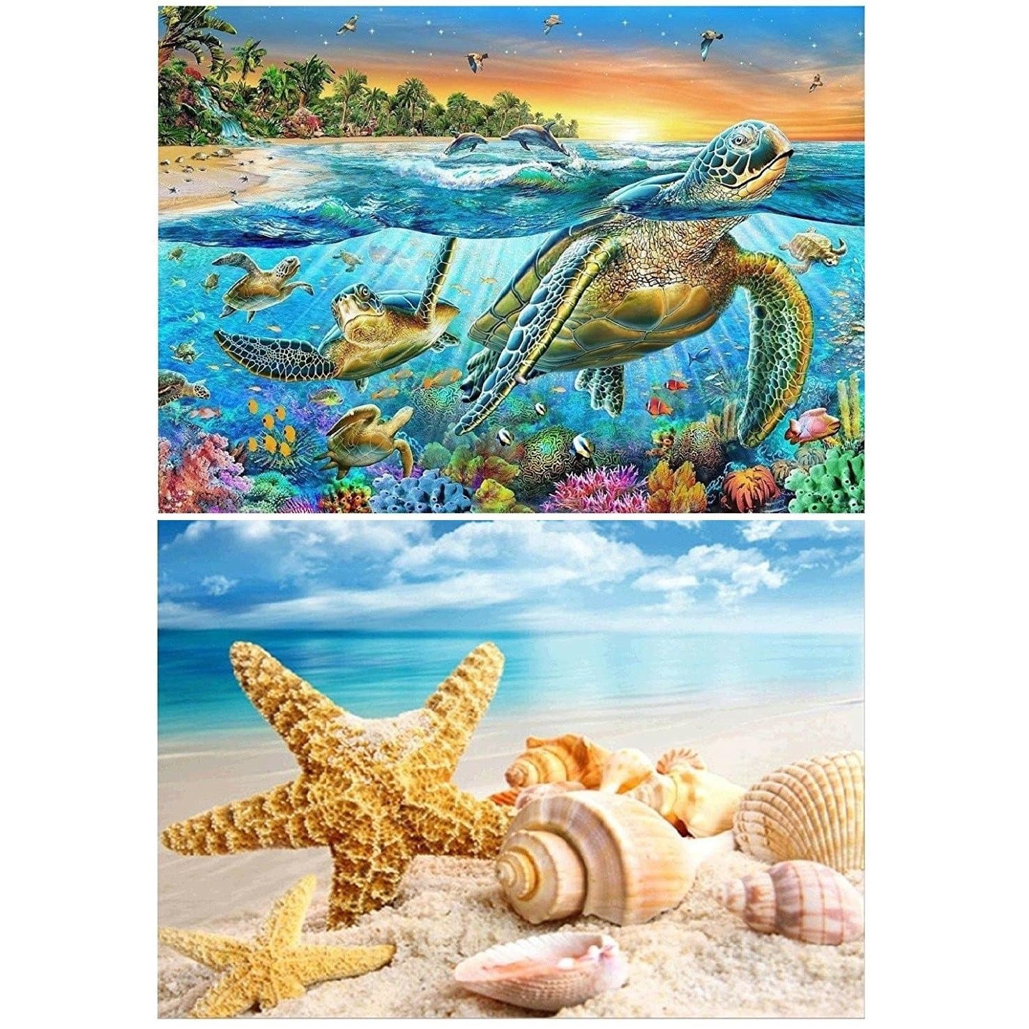 2 Packs Framed Paintings, 5D DIY Diamond Painting Set, Full Drill Diamond Painting Decorating Wall Stickers for Home Wall Decor, Sea Turtle and Starfish Seashell (40X30CM/16X12inch)