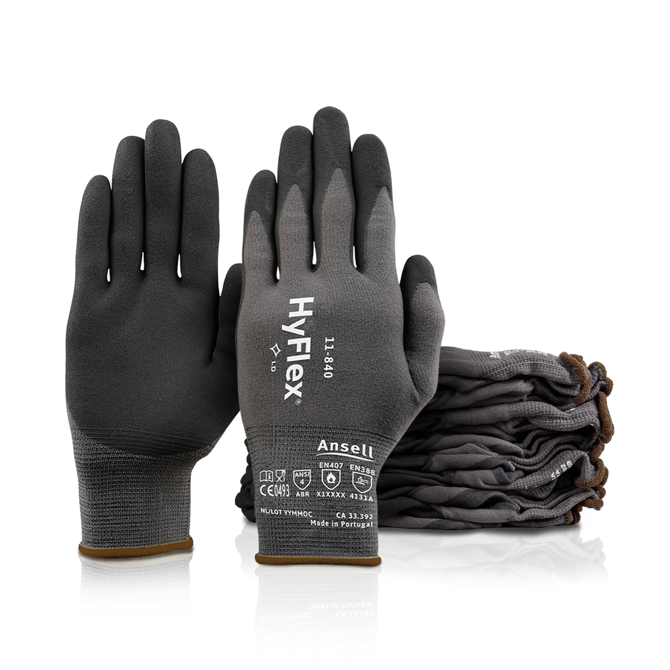 HyFlex 11-840, Professional Work Gloves, Abrasion Resistant Nitrile Coating with Firm Grip, Multipurpose Nitrile Gloves, Industrial Safety Gloves, Black Nitrile Gloves X-Large, 12 Pairs