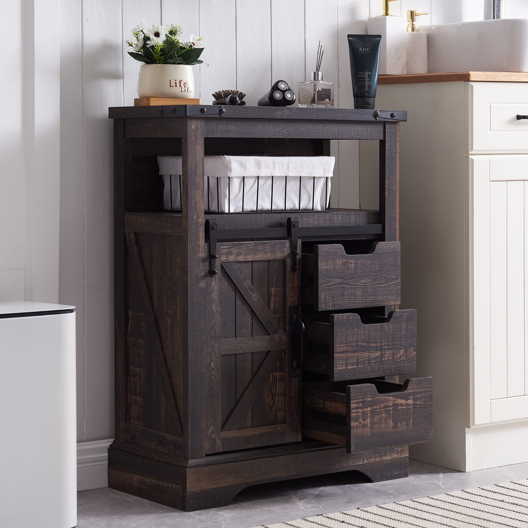 OKD Bathroom Floor Cabinet, Farmhouse Cabinet with Sliding Barn Door & Storage Drawers, Small Storage Cabinet for Bathroom, Kitchen, Living Room, Dark Rustic Oak