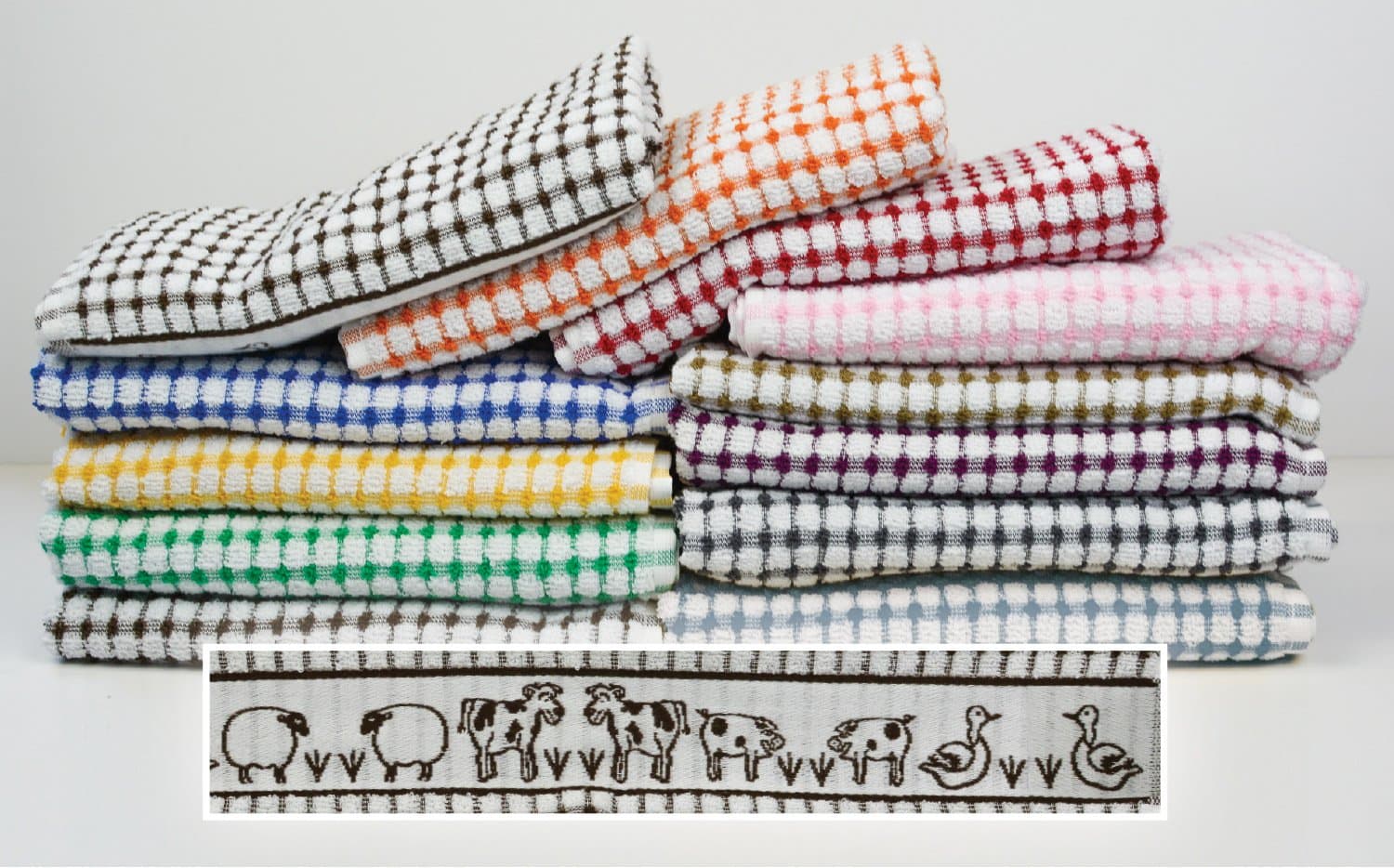 Pack of 6 Tunstead Farm Estate Animal Collection 100% Cotton Terry Tea Towels - Green