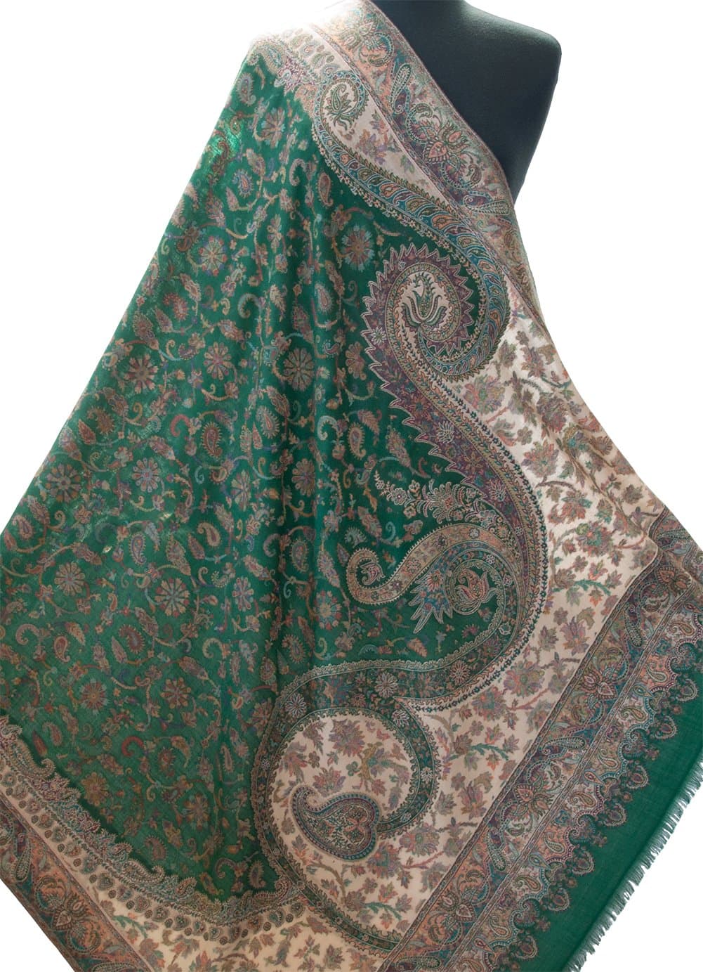 Emerald Green Paisley Shawl Kani Diamond Wool Wrap Pashmina with Floral 80"x40"