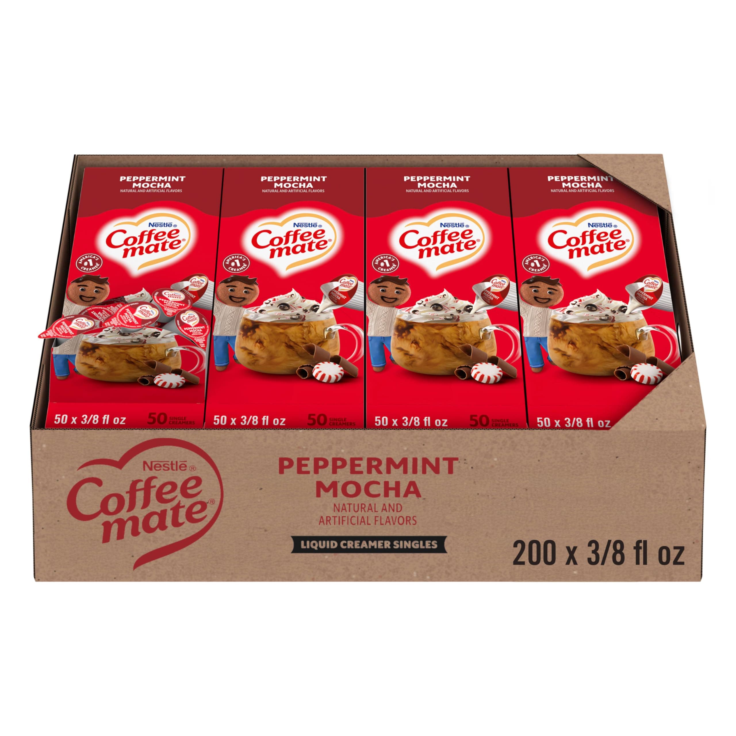 Nestle Coffee mate Coffee Creamer, Peppermint Mocha, Liquid Creamer Singles, Non Dairy, No Refrigeration, 0.375 fl oz Tubs (Pack of 200)