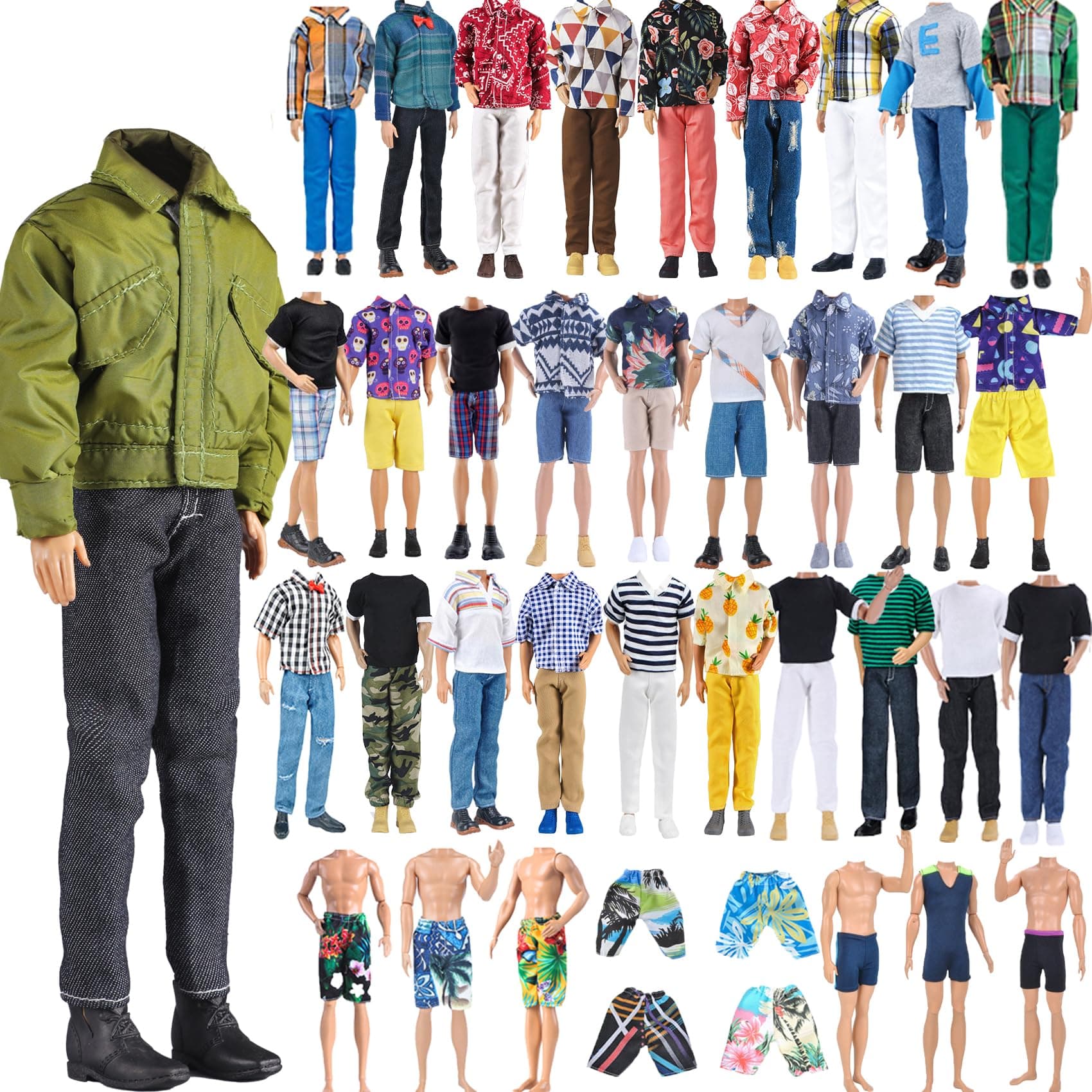 15pcs Fashion Clothes Pack = 5pcs Casual Outfit + 5pcs Pants +5 Pairs Shoes for 12inches Boy Doll Random Style (Green Bomber Jacket + Daily Suit + Swimwear)