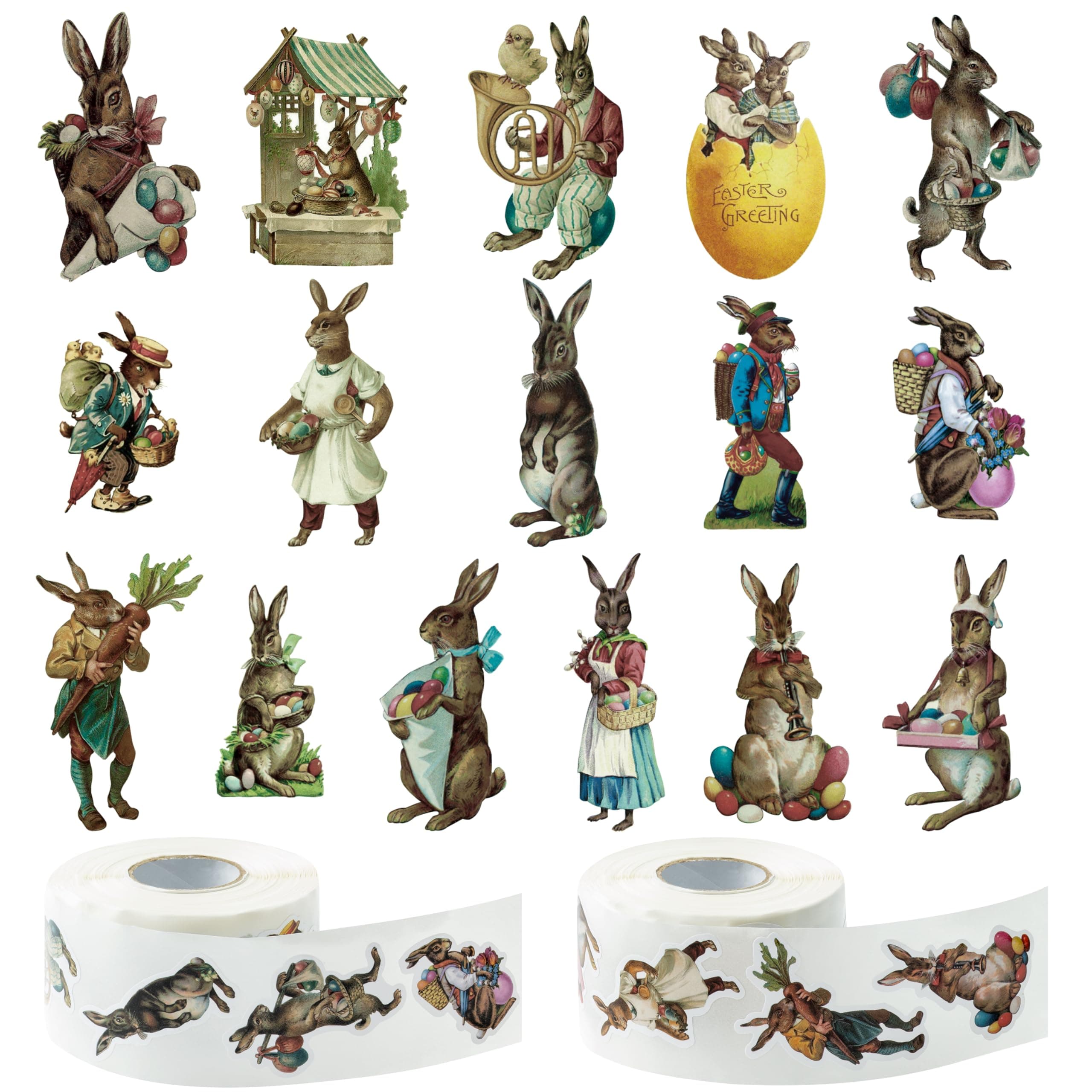 CNhoqc 1000pcs Vintage Victorian Bunny Peeps Sticker Roll (2 Rolls), Vintage Bunny-Shaped 16 Design Cute Cartoon Rabbit Sticker Self-Adhesive Decal Novelty Party Supplies for Kid