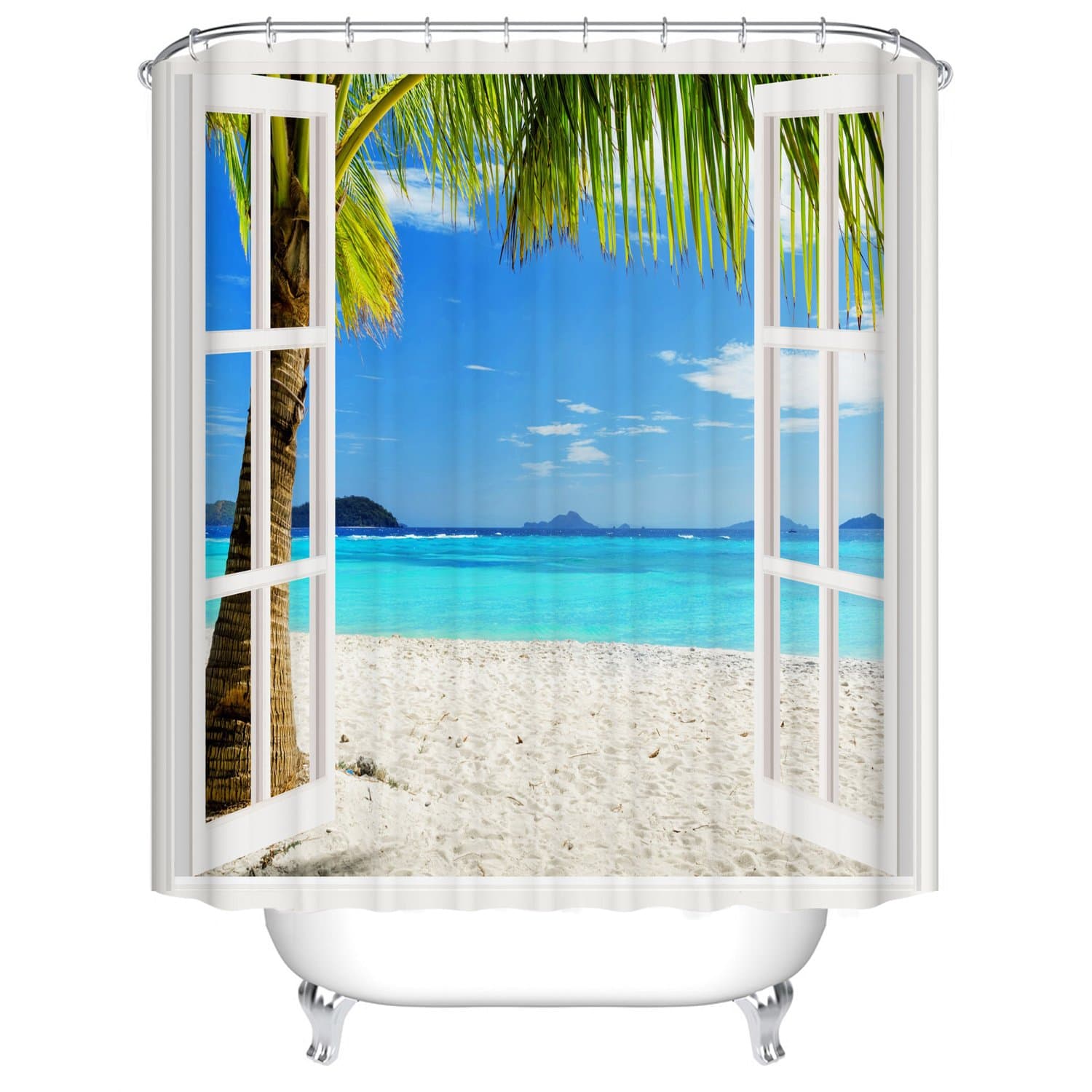 Waterproof Polyester Fabric Bathroom Shower Curtain, Qile Mildew-Resistant Anti-Bacterial 3D Digital Printing Pattern Shower Curtains with 12 Ring Hooks, 180 x180cm (Sea View out of the Windows)