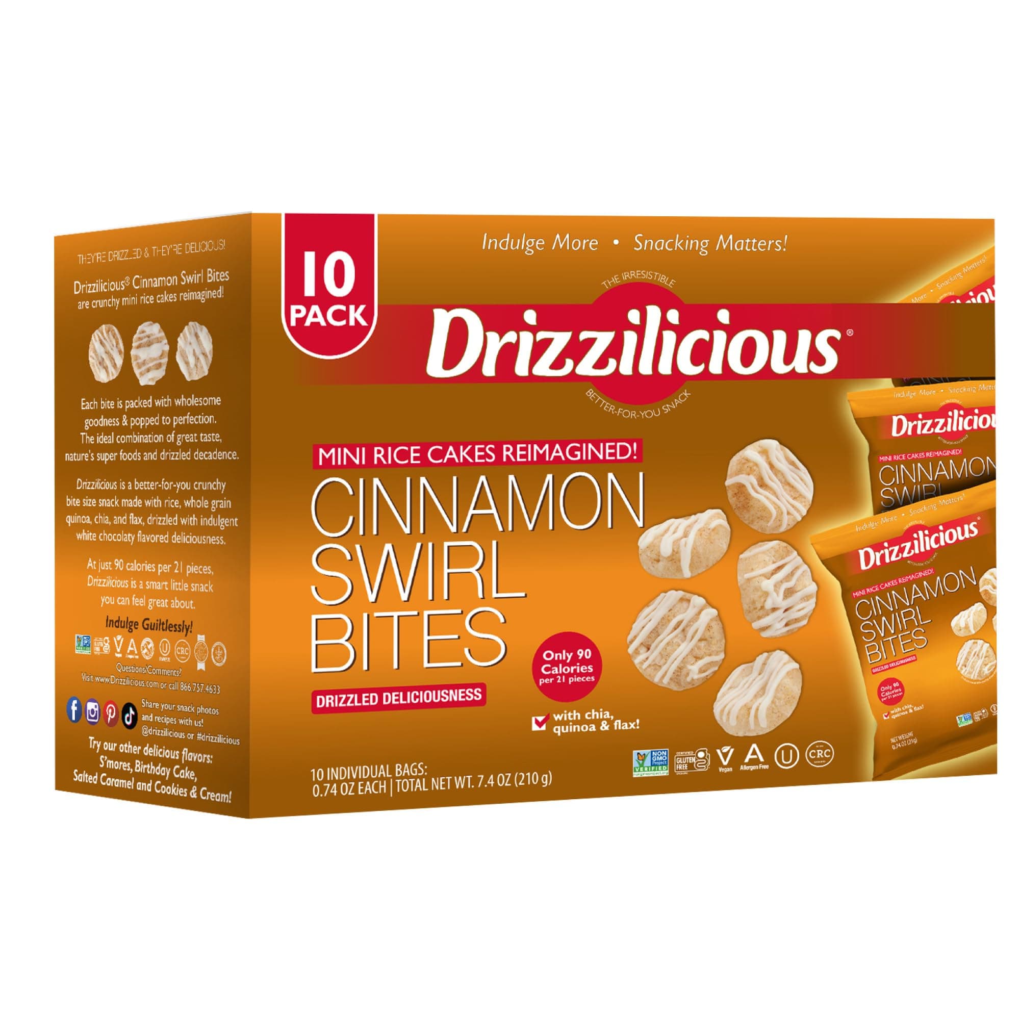 Drizzilicious Mini Rice Cakes Cinnamon Swirl - Rice Crisps, Healthy Snack for Adults and Kids, Flavored Rice Cakes, Vegan, Gluten Free, Allergen Free, Only 90 Calories Per Bag - 0.74 oz (Pack of 10)
