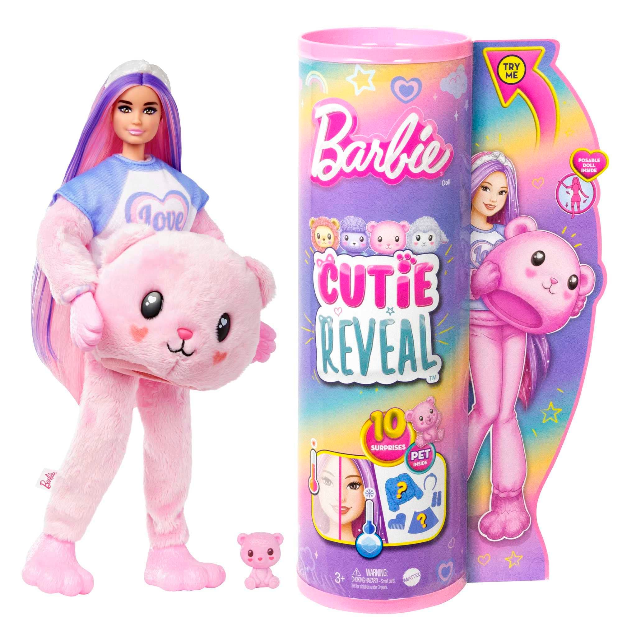 Barbie Cutie Reveal Doll with Pink Hair & Teddy Bear Costume, 10 Suprises Include Accessories & Pet (Styles May Vary)