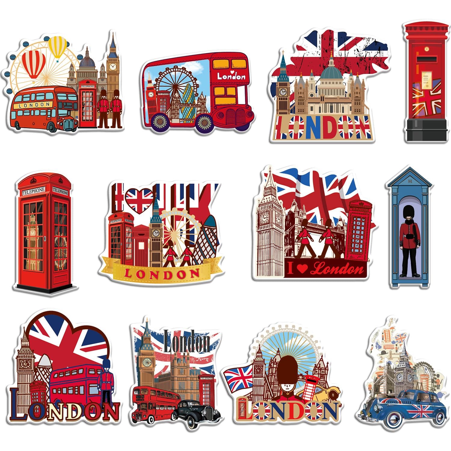 London Fridge Magnets for Kitchen - 12 Pcs London Souvenirs Gifts British Union Jack Souvenir Magnet England Red Phone Box Deck Bus Fridge Magnetic Unique Stylish Design Holiday Souvenir Gift
