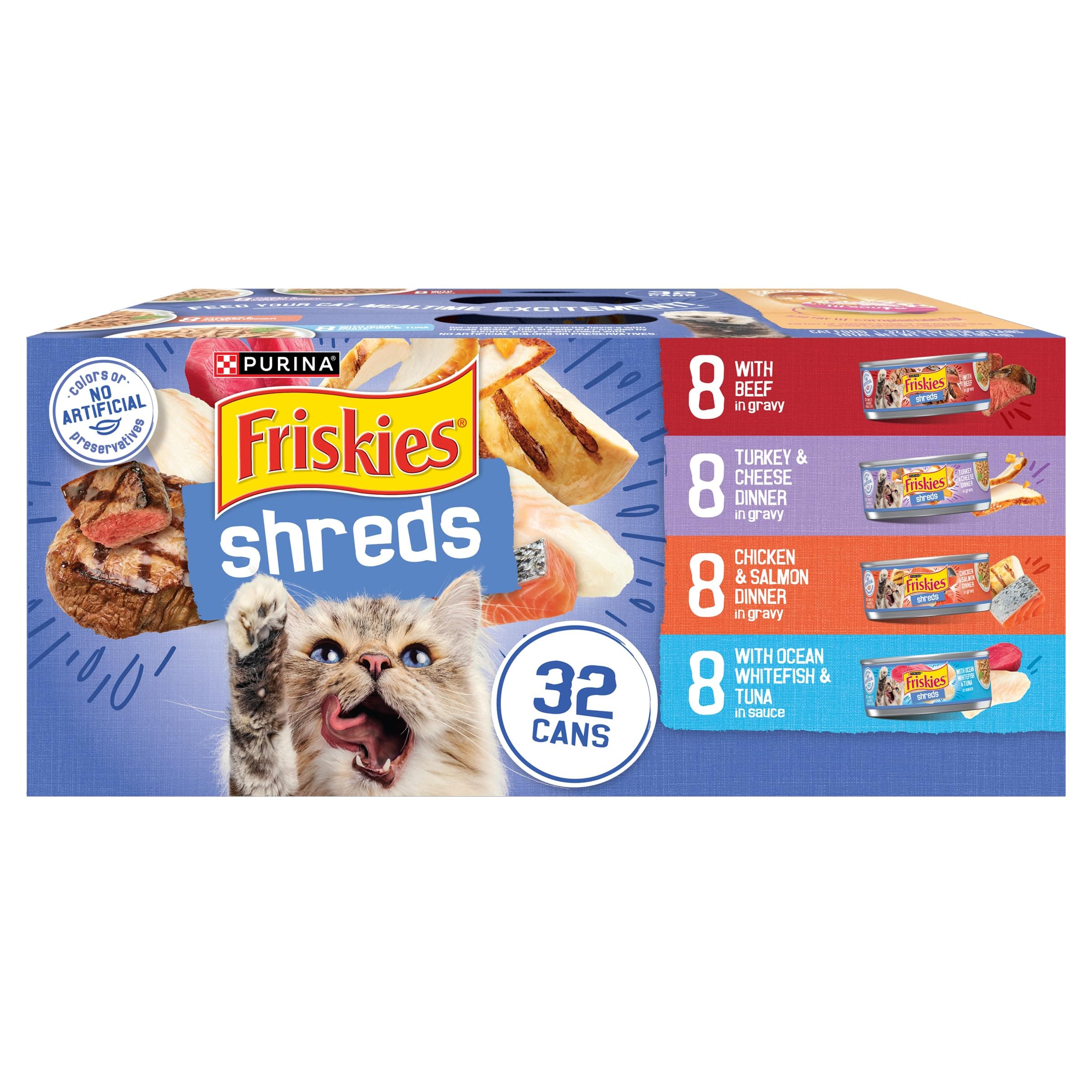 Purina Friskies Gravy Wet Cat Food Variety Pack, Savory Shreds With Beef, Turkey and Cheese Dinner, Chicken and Salmon Dinner, With Ocean Whitefish and Tuna - (Pack of 32) 5.5 oz. Cans