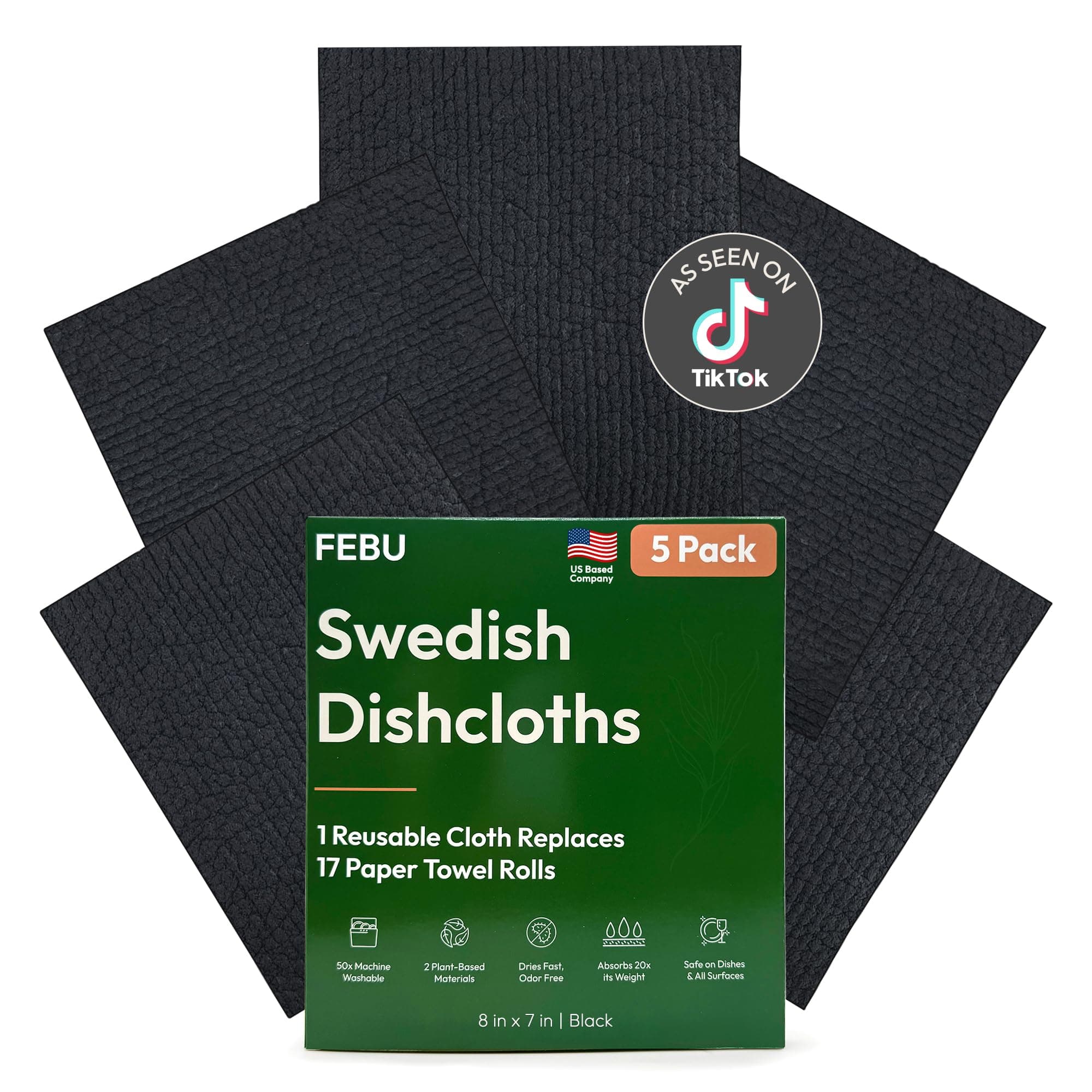 FEBU Swedish Dishcloths for Kitchen | 5 Pack Black Reusable Paper Towels Washable | Swedish Dish Towels | Non-Scratch Cellulose Sponge Cloths | No Odor, Biodegradable Cleaning Cloths