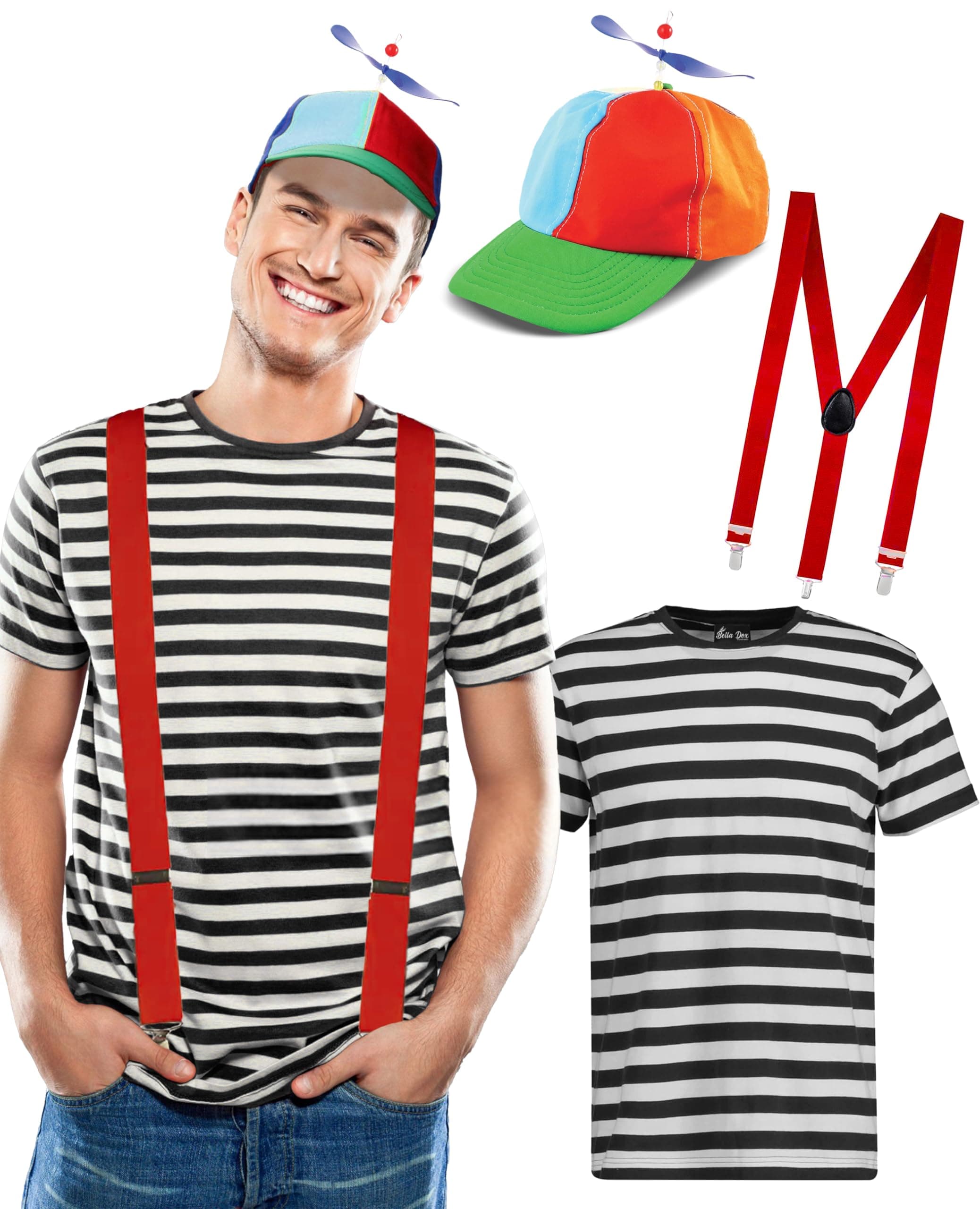 DreamzFit® Tweedle Dee & Tweedle Dum Costume Set for Adults - Complete Alice in Wonderland Outfit Includes Striped T-Shirt, Helicopter Hat & Red Suspenders Halloween & Mad Hatter Tea Party Fancy Dress