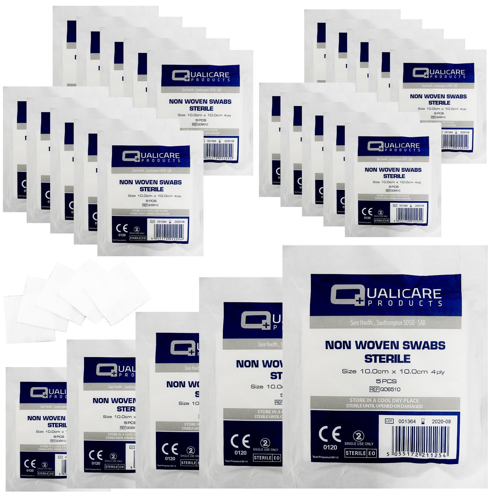 Qualicare None Woven 4PLY Sterile Gauze Medical Swabs Single Pack, 10cm x 10cm Sqaure - 25 Pack (125 Swabs)
