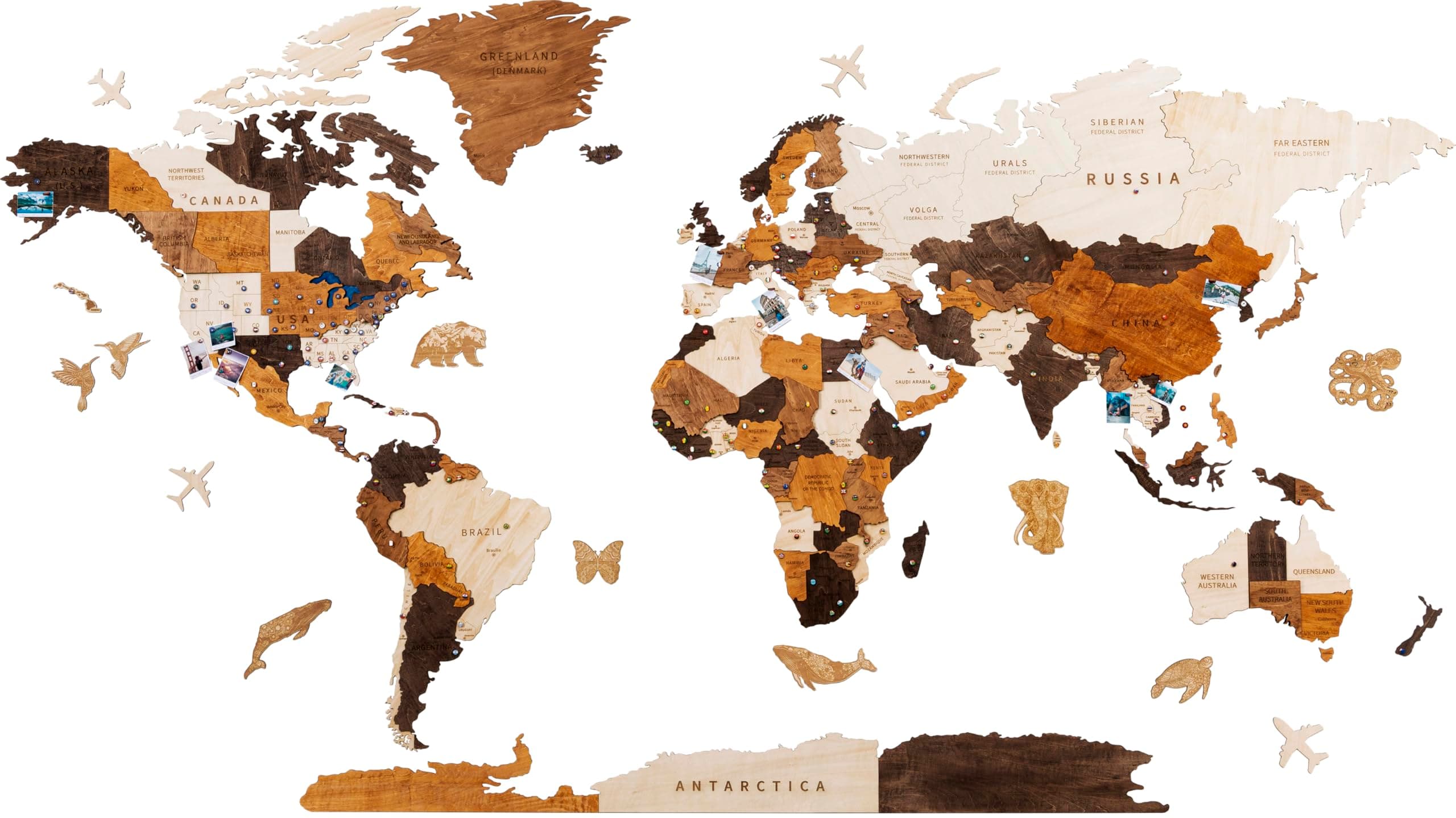 HYPERI Multilayered 3D Wooden World Map Wall Decor, Wood Art Wall Decor, Mapa Mundi Para Pared, World Maps and Push Pins, Christmas, Gifts for Mother's Day, Father's Day(Large)